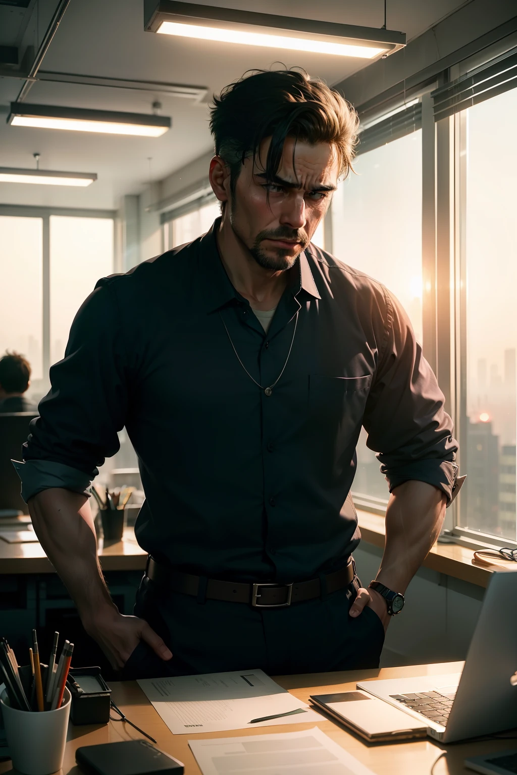 A hard-working man in a busy office in the evening,Busy and sweaty,It looks very anxious,The air reflects the atmosphere of busyness and cigarettes,Picture: The sun goes down,A little bit of afterlight shines in the office。