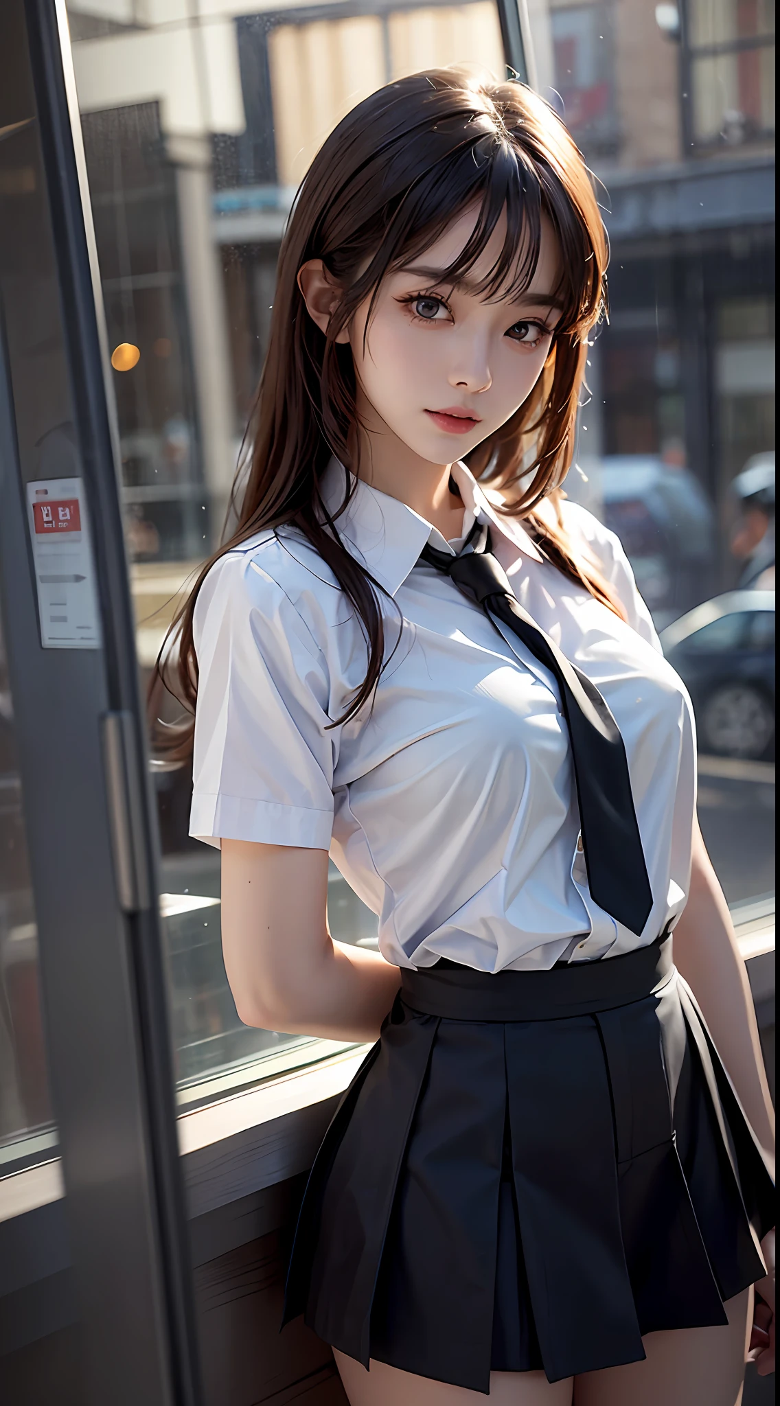 Masterpiece, 1 Beautiful Woman, Detailed Eyes, Swollen Eyes, Top Quality, Ultra High Resolution, (Real: 1.4), Film Lighting, Japanese, Beautiful Skin, Slender, Body Looking Forward, (Ultra Realistic), (High Resolution), (8K), (Ultra Detailed), Detailed Face, Lighting is Bright, Professional Lighting, Coffee shop, cafe, rain outside window, facing front, black eyeballs, white blouse, school yard, high school girl, school uniform, short skirt, 18 years old, futuristic school building,