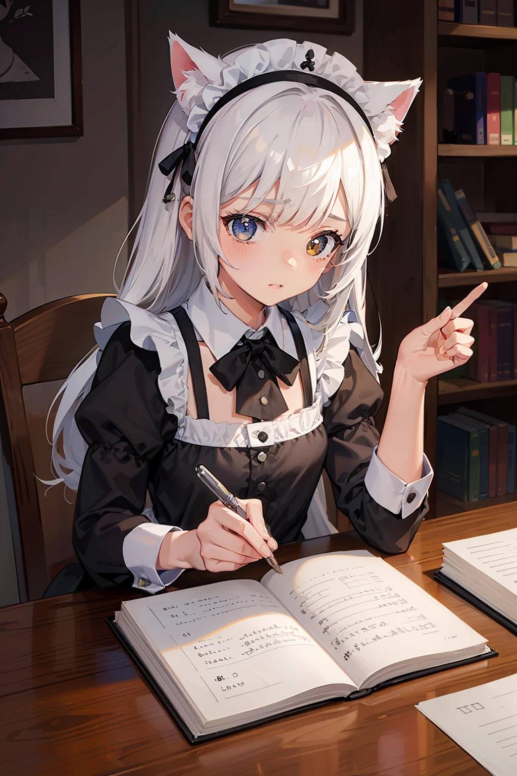 Chica gato,escribiendo en un diario ,en la oscuridad,cabello blanco,chica maid,llorana,triste