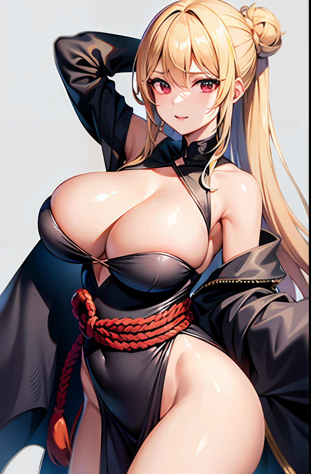 Una mujer madura, hermosa, milf, Yasaka, long hair tied in a bun, cabello de color dorado, ojos marrones, piel blanca, rostro detallado, cuerpo voluptuoso, pechos muy grandes, cintura delgada, caderas anchas, muslos gruesos, Yukata dorada con blanco, sin sujetador, orejas y cola de zorro dorado, erotic, sentado en el suelo, fondo simple, fondo desenfocado.