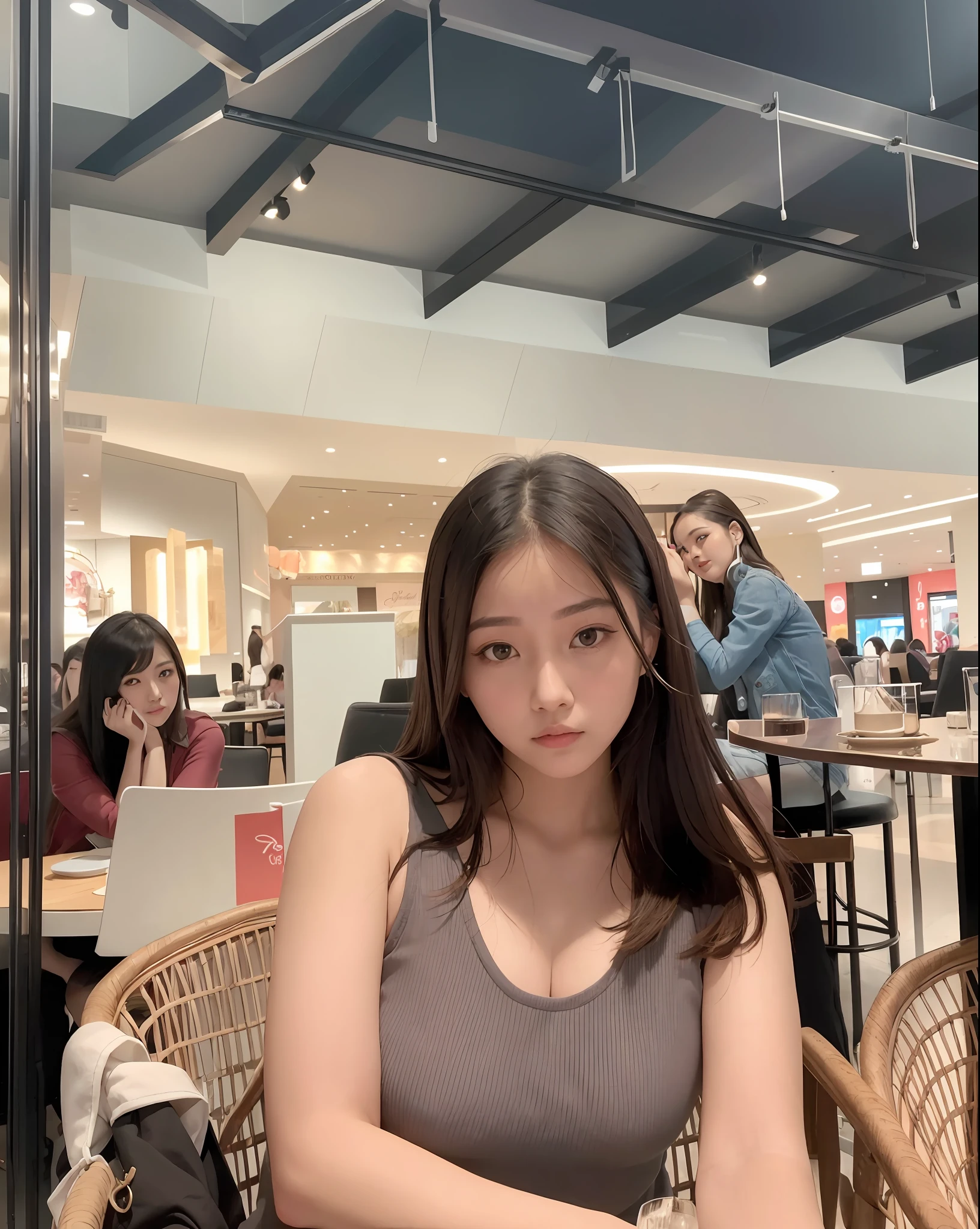 there is a woman sitting at a table with a plate of food, cindy avelino, dilraba dilmurat, 🤤 girl portrait, leaked image, 19-year-old girl, at a mall, 2 7 years old, she is about 20 years old, 8k)), she is about 2 0 years old, in a mall
