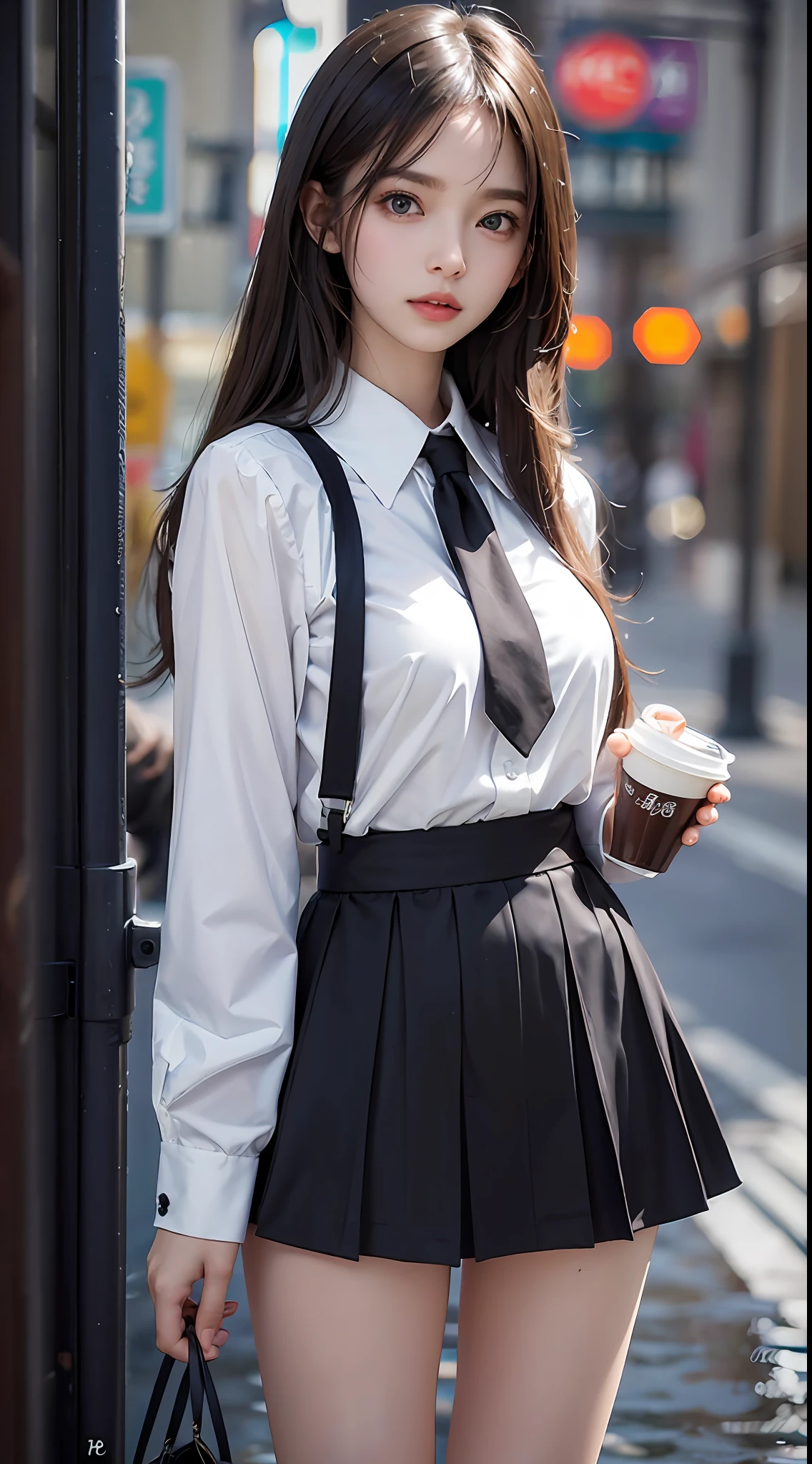 Masterpiece, 1 Beautiful Woman, Detailed Eyes, Swollen Eyes, Top Quality, Ultra High Resolution, (Real: 1.4), Film Lighting, Japanese, Beautiful Skin, Slender, Body Looking Forward, (Ultra Realistic), (High Resolution), (8K), (Ultra Detailed), Detailed Face, Lighting is Bright, Professional Lighting, Coffee shop, cafe, rain outside window, facing front, black eyeballs, white blouse, school yard, high school girl, school uniform, short skirt, 18 years old, futuristic school building,