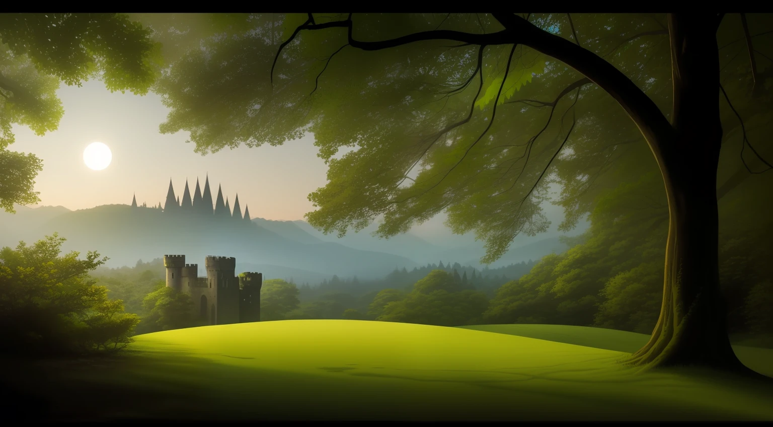A forest of tranquility at night,in a panoramic view,Moonlight spills down the Tyndall pillar of light,Lush trees,Covered with moss,A dilapidated castle stands on the hillside,rays of moonlight,grand master,,tmasterpiece,the night,rays of moonlight,Light and dark relationship,cel shadow