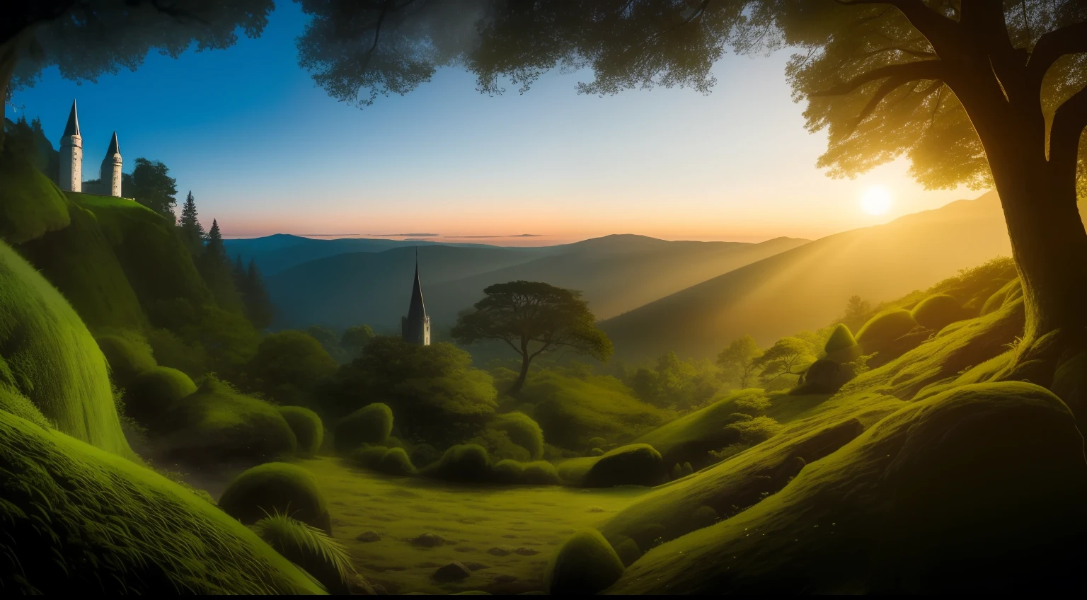 A forest of tranquility at night，in a panoramic view，Moonlight spills down the Tyndall pillar of light，Lush trees，Covered with moss，A dilapidated castle stands on the hillside，rays of moonlight，grand master，，tmasterpiece，the night，rays of moonlight，Light and dark relationship，cel shadow