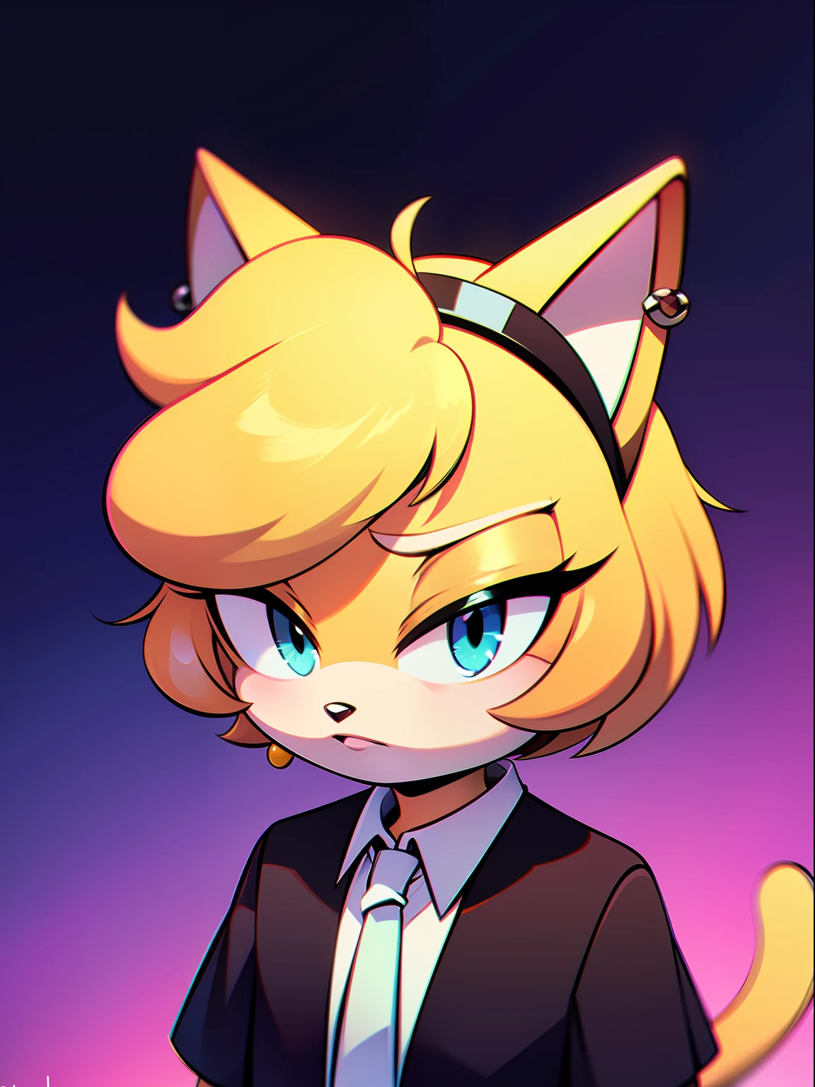 Short blonde boy with cat ears,He wears cute white earrings on his head,in blouse wearing