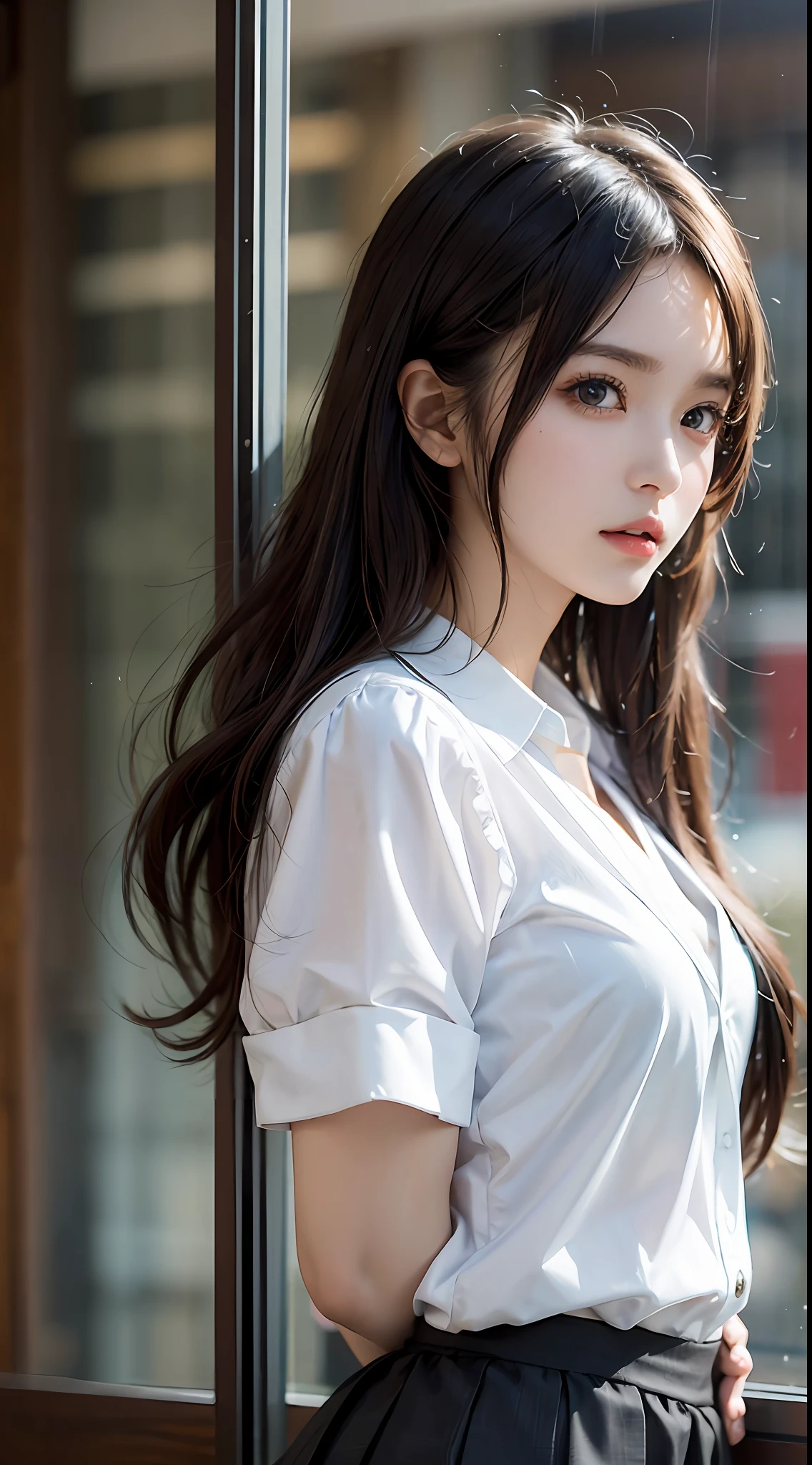 Masterpiece, 1 Beautiful Woman, Detailed Eyes, Swollen Eyes, Top Quality, Ultra High Resolution, (Real: 1.4), Film Lighting, Japanese, Beautiful Skin, Slender, Body Looking Forward, (Ultra Realistic), (High Resolution), (8K), (Ultra Detailed), Detailed Face, Lighting is Bright, Professional Lighting, Coffee shop, cafe, rain outside window, facing front, black eyeballs, white blouse, school yard, high school girl, school uniform, short skirt, 18 years old, futuristic school building,