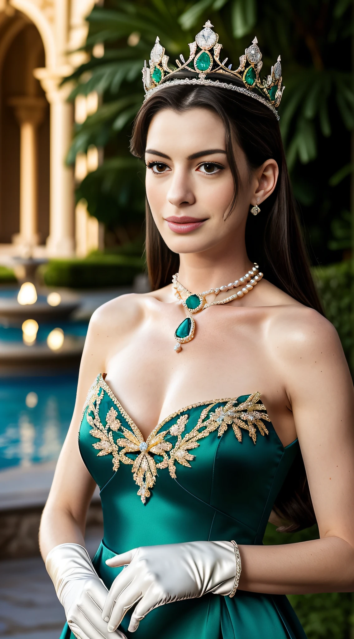 Realistic portrait of Anne Hathaway, a talented 40-year-old Selina Kyle / Mulher-Gato, born under the sign of Scorpio, sensitive and delicate, white a graceful height of 1,73 meters and a weight of 56 kilograms. She enchants everyone with her unique beauty, her fair skin and brown eyes accentuate her delicate features, which are enhanced by her long and silky black hair. 88 bust, 61 waist, 89 hips.She is wearing a truly magnificent and dazzling gala dress. The dress is made of pure silk with satin details, featuring a blend of ruby red and sapphire blue. The plunging neckline is adorned with a stunning majestic necklace, studded with diamonds, rubies, emeralds, and sapphires, shining like stars in the night sky. The necklace elegantly wraps around her neck, adding a touch of royalty and elegance. Richly decorated with intricate embroidery, lace details, and appliqués in gold or silver, all handcrafted. The long sleeves of the dress are made of delicate lace, providing an ethereal and graceful appearance, reminiscent of butterfly wings. She wears impeccable white gloves, made of fine silk, delicately covering her hands with elegance. On her feet, she wears high-heeled shoes, decorated with gold and silver details, adorned with small diamond stones, adding height and grace to her figure. On her head, she wears a stunning six-pointed crown, studded with rubies, with each point holding a pearl. In the background, a medieval castle with its majestic towers and imposing walls, surrounded by a lush landscape. An enchanting fairytale environment with beautiful gardens and water fountains reflecting the sunlight. The ancient stone walls provide a fascinating contrast with the vibrant and warm colors. The lighting further highlights the dress details, the precious stones of the necklace, and the dazzling crown on her head. Soft and bright light creates a magical effect, enhancing the colors and bringing even more glamour and sophistication. Gracefully, she moves toward the vi