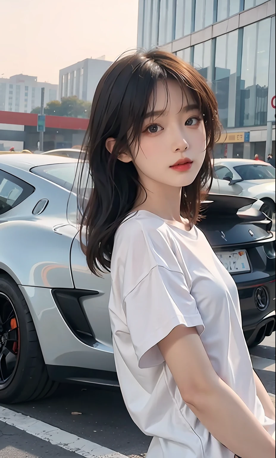 ulzzang-6500-v1.1,(raw photo:1.2), (photorealistic:1.4), A young man wearing a white T-shirt leaning against a Porsche sports car on the streets of Guangzhou full length shot film grain side view soft shadows no contrast asia people professional color grading show on sony a7iv,sigma,50mm f1.4,photo-realistic