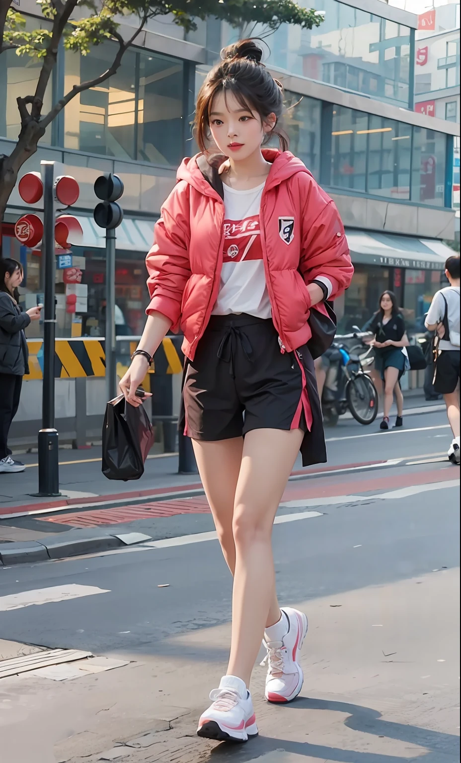 A young Asian woman is jogging on the streets of Shanghai.full length shot film grain side view soft shadows no contrast asia people professional color grading show on sony a7iv,sigma,50mm f1.4,photo-realistic