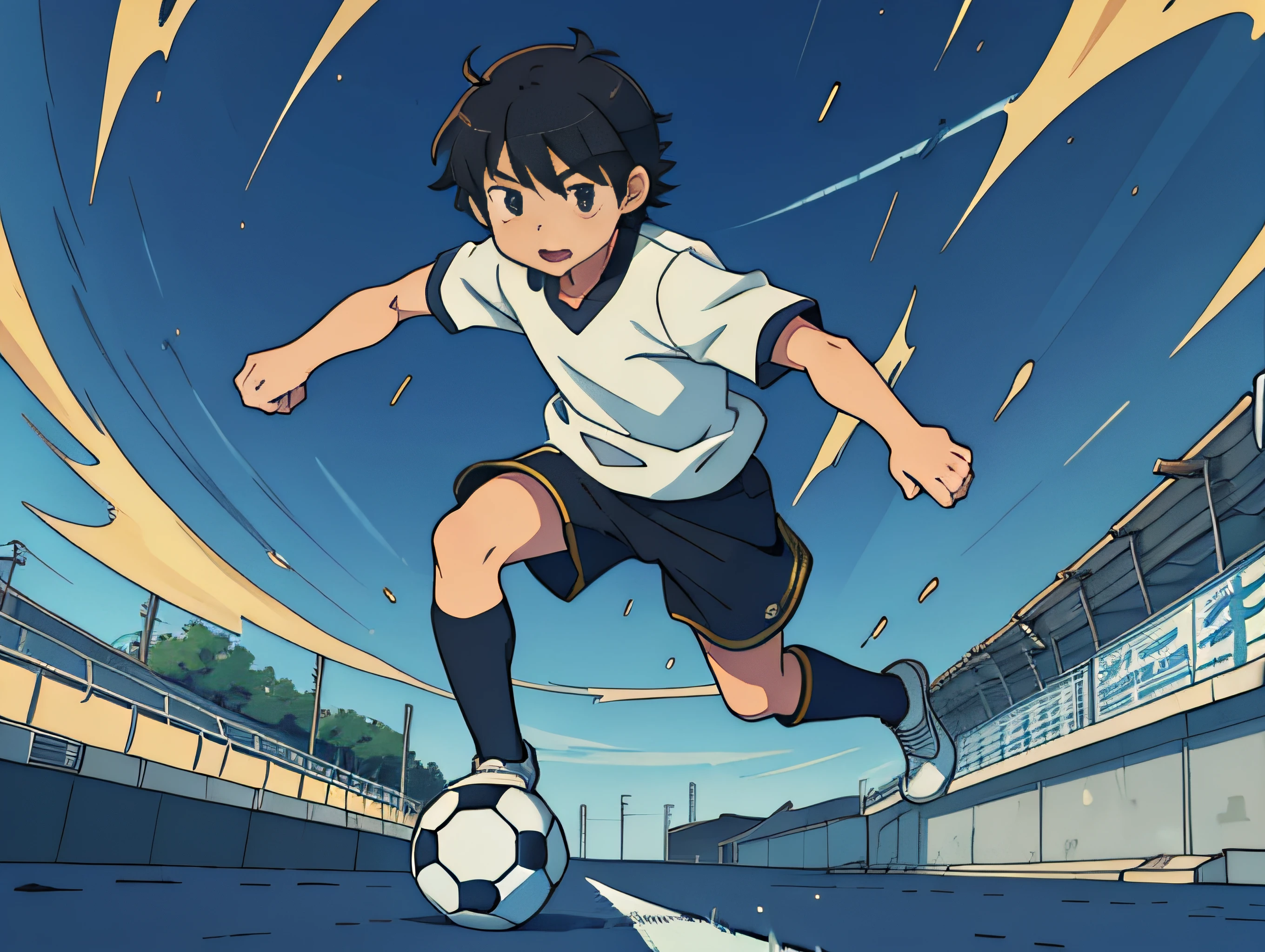 Anime boy kicking a soccer ball in a stadium with a blue sky - SeaArt AI