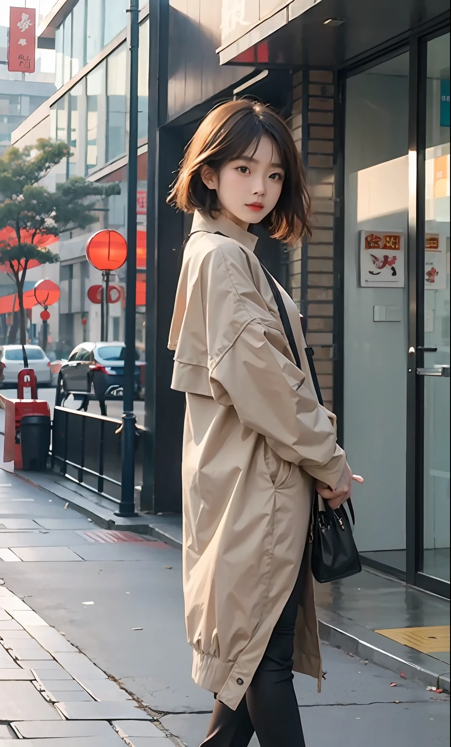 A young Asian woman is jogging on the streets of Shanghai.full length shot film grain side view soft shadows no contrast  asia people professional color grading show on sony a7iv，sigma，50mm f1.4，photo-realistic