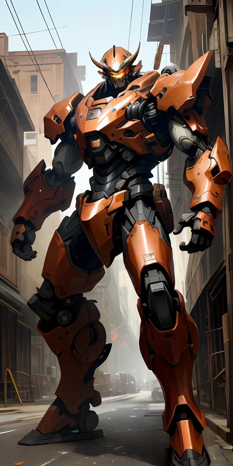 Full body photo of an alpha male, perfect eyes, in a worn mecha suit, intricate, (steel metal [rust]), elegant, sharp focus, photo by greg rutkowski, soft lighting, vibrant colors, masterpiece, ((streets)), cowboy shot, dynamic pose, entire body