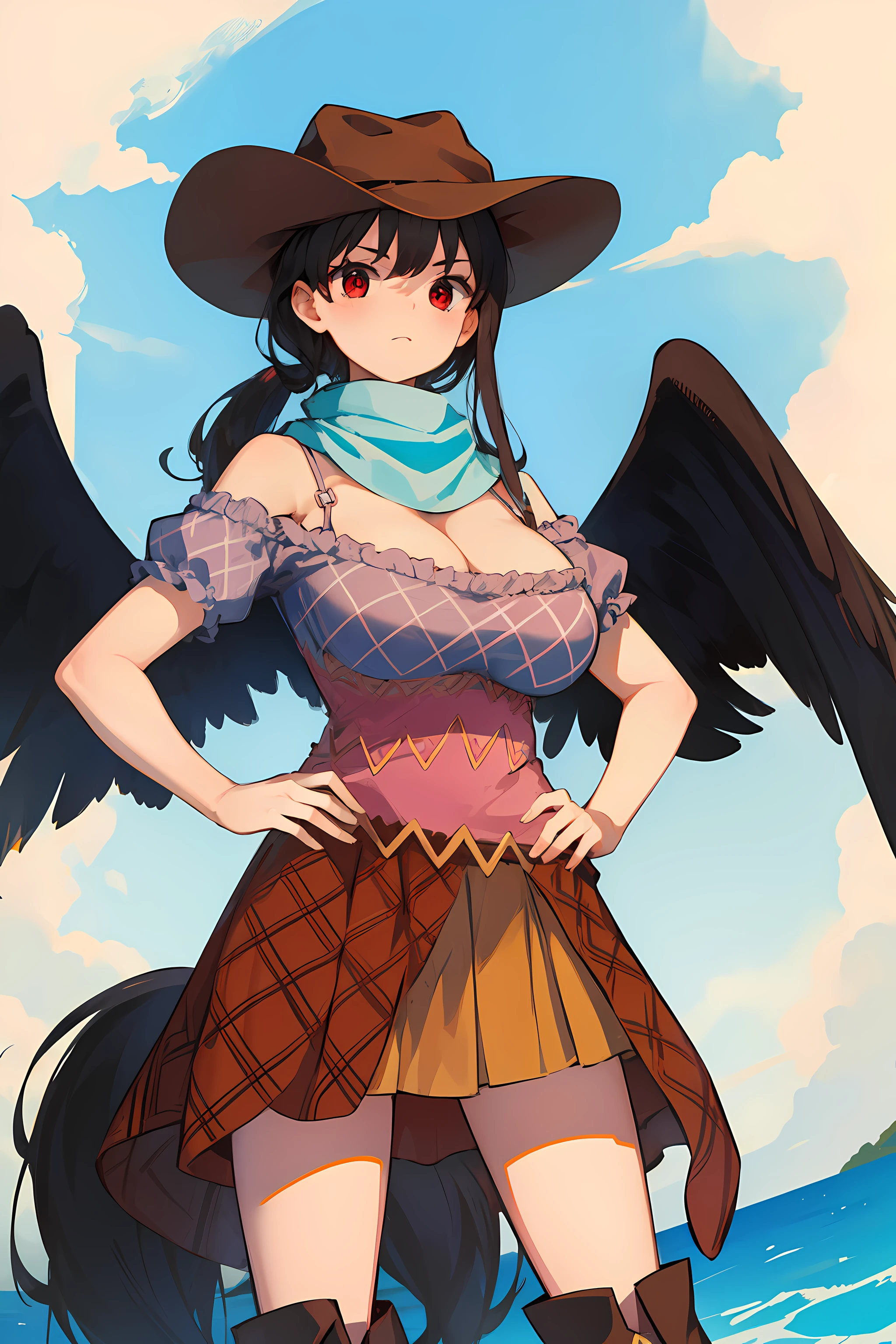 (masterpiece),best quality, expressive eyes, perfect face, 1girl,
big breast, H-cup, good breast, beautiful, gorgeous,anime,girl,lora, floating clothes, tent chest ,
 nipple visible  though clothes,Saki Kurokoma,
red eyes,
black hair,
short hair,
long ponytail,
black wings,
black horse tail,
brown cowboy hat,
brown boots,
light blue plaid shirt,
light pink shirt,
brown plaid skirt,
light orange skirt,
shoulders,
white bandana tied around neck,hands on waist, hands on hips