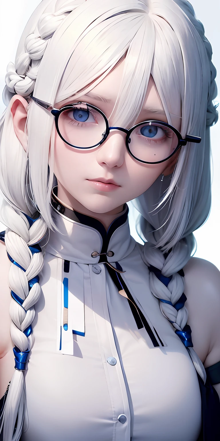best quality, masterpiece,white hair, blue eyes,white clothes, looking up, upper body,hair strand,Fair skin,side braids, glasses