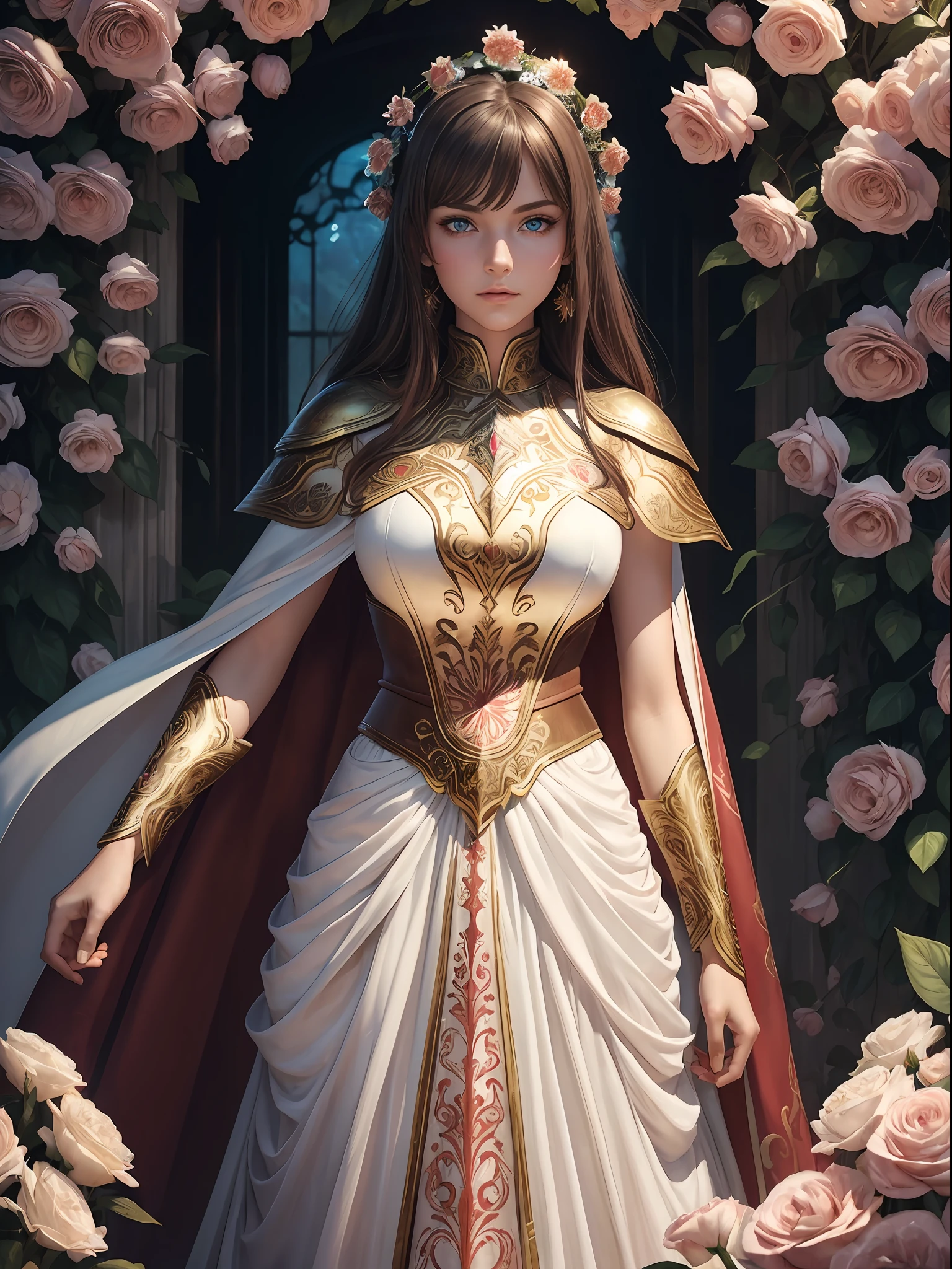 (((masterpiece))), (((best quality))), ((ultra-detailed)), (illustration), 1girl, beautiful detailed eyes, glowing blue eyes, brown hair, red and gold and metal intricate fantasy dress armor attire, wearing a white cape, high quality cloth, expensive cloth, high resolution cloth texture, detailed folds and wrinkles, dynamic pose, cowboy shot, glow. flowers, red pink white flowers, wall of flowers,