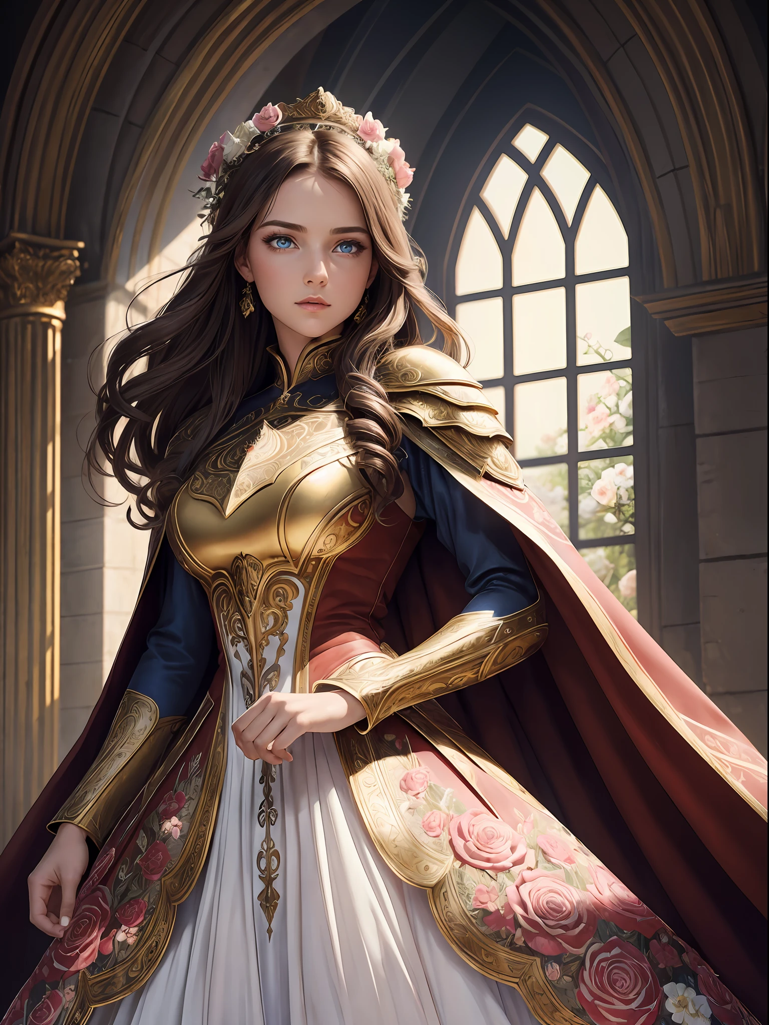 (((masterpiece))), (((best quality))), ((ultra-detailed)), (illustration), 1girl, beautiful detailed eyes, glowing blue eyes, brown hair, red and gold and metal intricate fantasy dress armor attire, wearing a white cape, high quality cloth, expensive cloth, high resolution cloth texture, detailed folds and wrinkles, dynamic pose, cowboy shot, glow. flowers, red pink white flowers, wall of flowers,