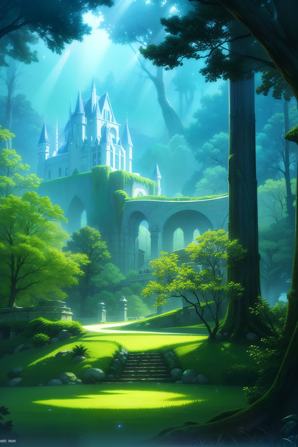 A forest of tranquility at night,in a panoramic view,Moonlight spills down the Tyndall pillar of light,Lush trees,Covered with moss,A dilapidated castle stands on the hillside,rays of moonlight,grand master,,tmasterpiece,the night,rays of moonlight,Light and dark relationship,cel shadow