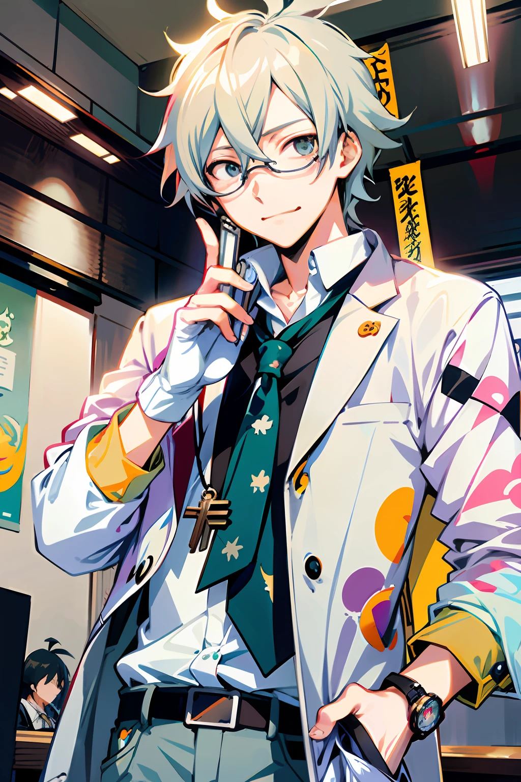 Anime characters talking on mobile phones with glasses and tie, ryuta ueda artwork, shigenori soejima illustration, Key anime art, nagito komaeda, yosuke ueno, hajime yatate, wataru kajika, Also, Best anime 4k konachan wallpaper, key visual, smileing nright, Kawasi
