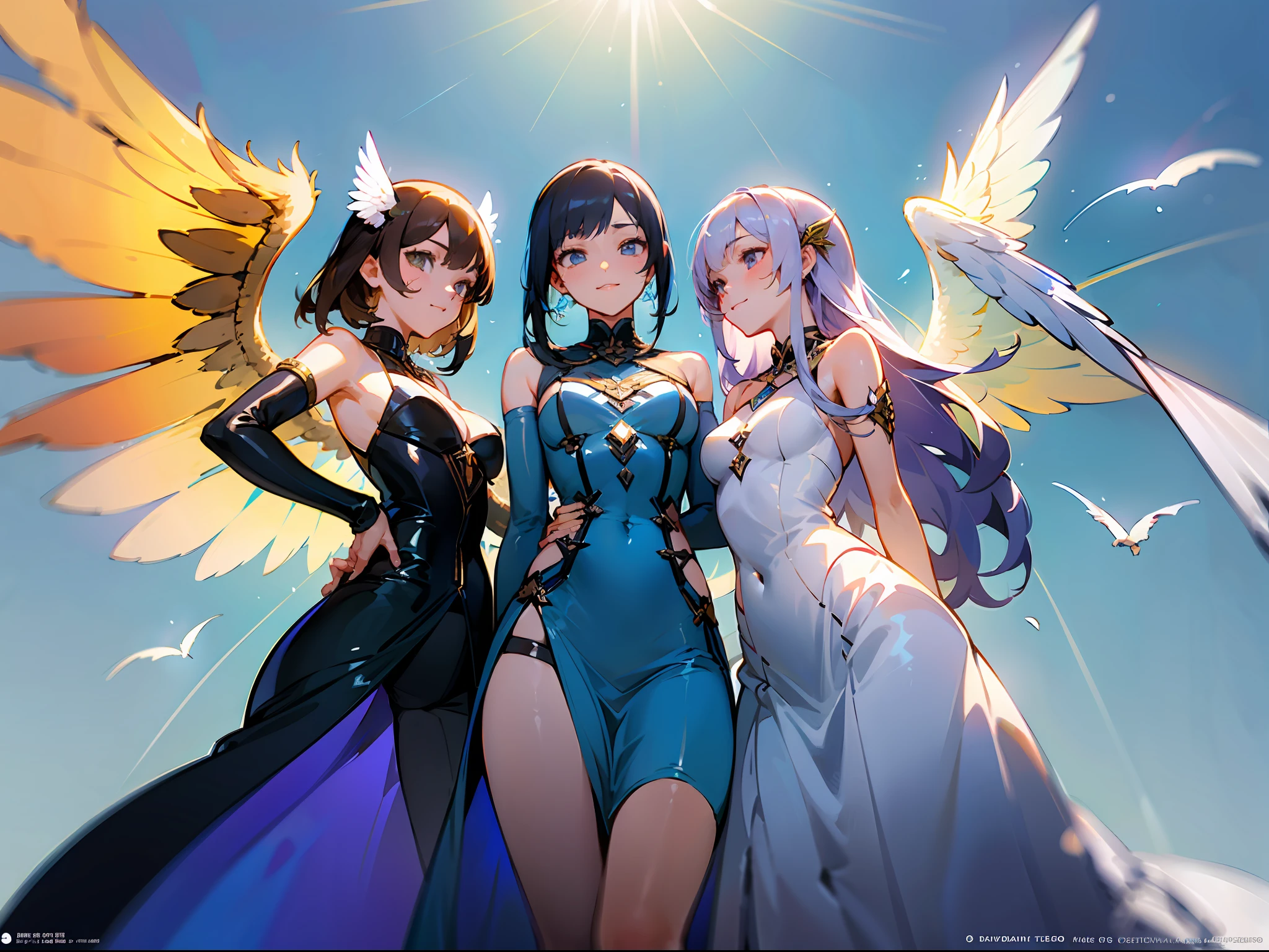 masterpiece、ultra-detailliert、foco nítido、(Teen Fashion Magazine Catalog Pages、Four female angels standing in faction pose)、detailed beautiful faces、A smile、(Moist and supple lactic acid skin)、(Everyone wears the same light blue dress)、delicate paws、(Each big wing、Both wings to each individual)、All the same wings、Large and beautiful wings、(Blue sky background paper)