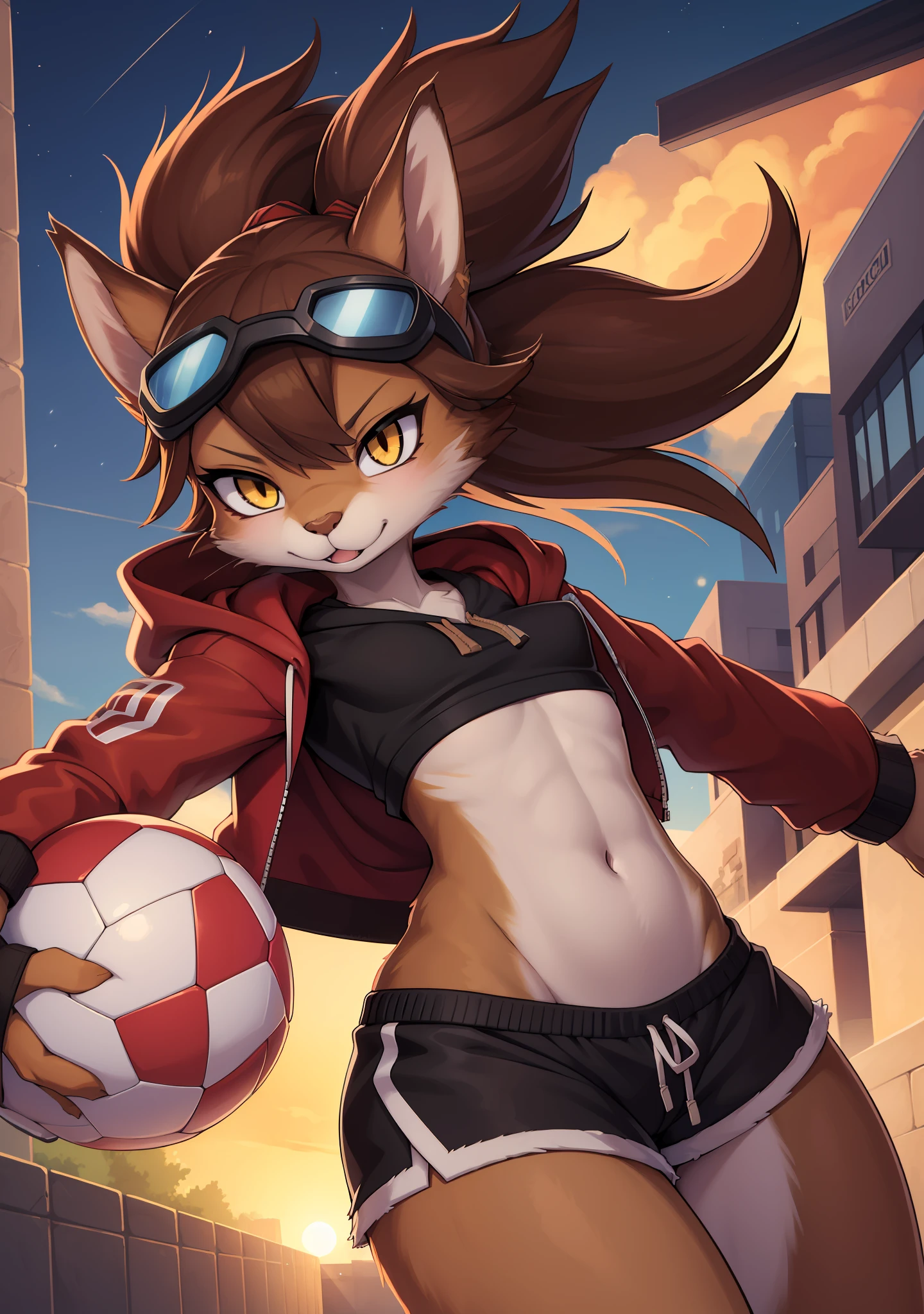 furry girl, squirrel, Brown spiky hair, small spiky ponytail, anime style, small breasts, yellow eyes, red short hoodie jacket, open clothes, black cut shirt, goggles, shorts, street, clear sky, high quality, detailed body, detailed eyes, detailed face, masterpiece, glistening body, detailed body fur, best quality, sfw, two tone body, brown fur, clear brown fur, skinny, spectacular effects, holding a soccer ball, dynamic angle,