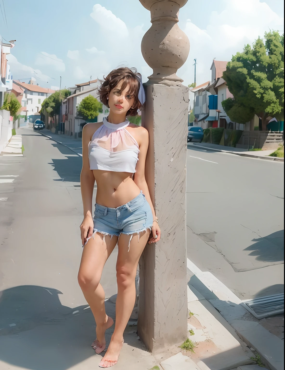 (crop top,:1.3), (photorealistic:1.4), (best quality:1.0), (ultra highres:1.0), 8k, RAW photo, (masterpiece:0.5), ultra-detailed, close short, beautiful skin, ultral detailed skin, looking at viewer, (full body shot:1.5), (short hair:1.4), light smile, (grey hair:1),blush,detailed water, ultral detailed sky,wet, depth of field,Alps, {best quality}, {{masterpiece}}, {highres}, extremely detailed 8K wallpaper, (1 girl:1.5), {an extremely delicate and beautiful},ocean,slim leg,narrow waist, (cityscape,:1.4),large breasts, field,light rays, crossed legs,walking, (from behind:0.7),huge ass, (shorts:1.3),beautiful golden eyes,eyelashes,eyeshadow,neat figure,adolescent,(Delicate and detailed skin:1.7),perspective,thighhighs,