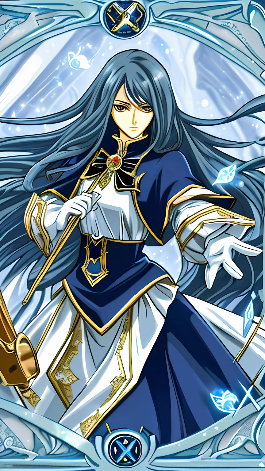 "(((tmasterpiece))), Highest image quality, Super high detail illustration, Delicate and beautiful, dynamic angle, Floating, Elaborate Eyes, Long-haired age figure，tarot cards。"