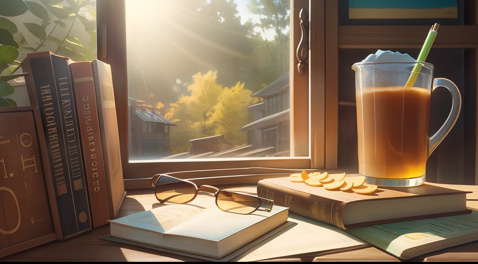 Upper right corner under sunlight,Wooden table by the window,On the table are stacked books、Large sunglasses、coffee mug、orange juice、Leftover burgers、Happy potato chips、Cute handbook and cute pen。high definition detail,photorealestic,Oil painting texture,the soft light。 --v6