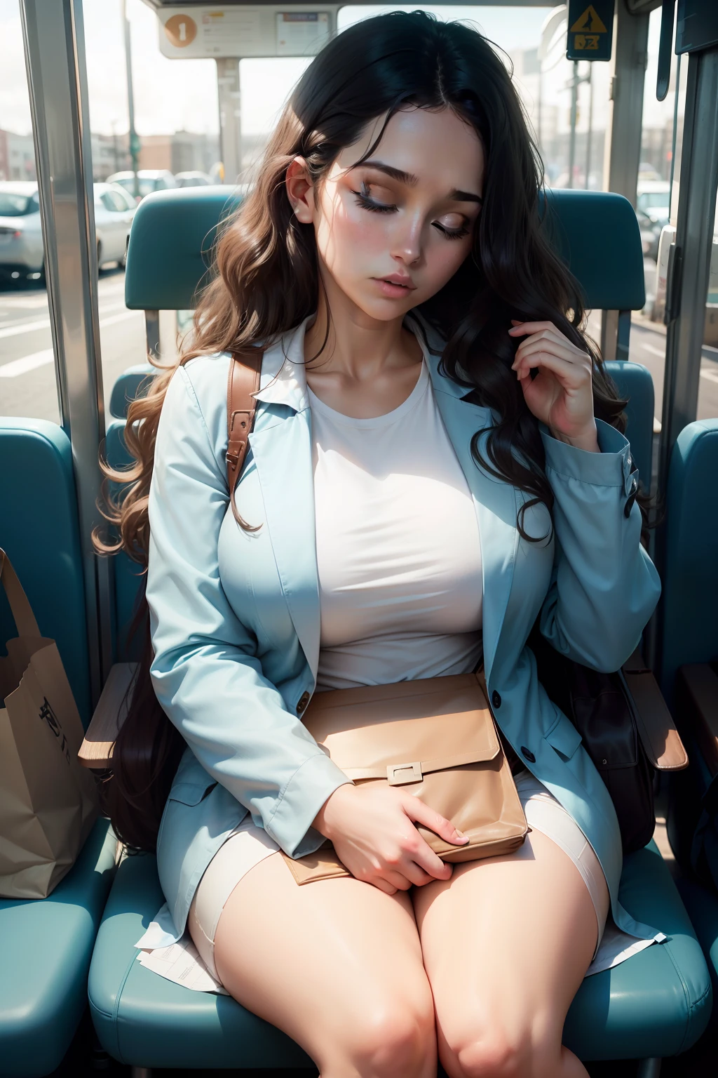 1 beautiful woman, large body, wavy hair, shoulder length hair, young, eyes closed, eyelids made up, LIGHT BLUE SHIRT, WHITE JACKET OVER THE SHIRT, HANDS CROSSED. BROWN BAG, asleep, black hair, asleep sitting on the BUS, HEAD RESTED ON THE SEAT, MOUTH WIDE OPEN, MOUTH OPEN.