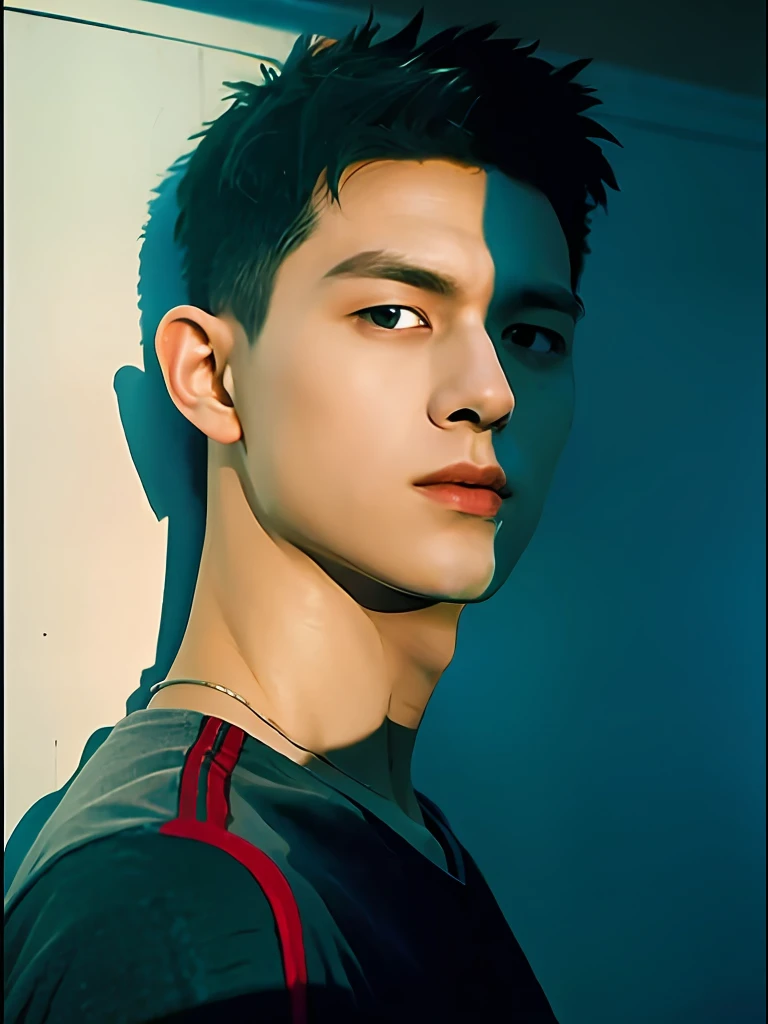 best qualtiy,(realisticlying:1.4), tmasterpiece, Kodak Portra 400, (Face focus:1.3),1boys ,white skinned,Show muscles,Cool in summer,Midjourney and greg rutkowski's Fujifilm XT3 realistic painting art,cold shades