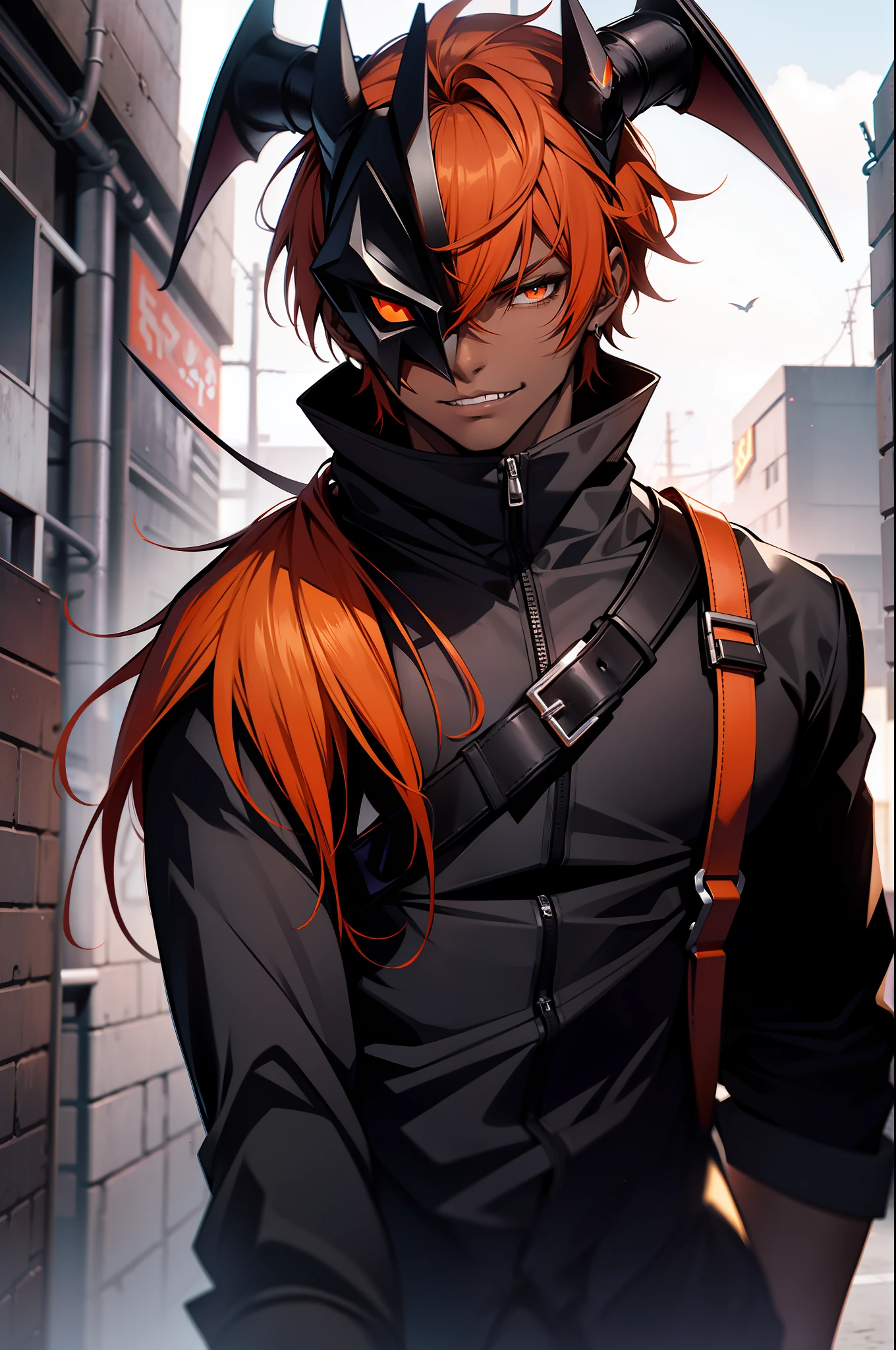 a full black skin creature using a devil mask, short orange hair, male gender body
