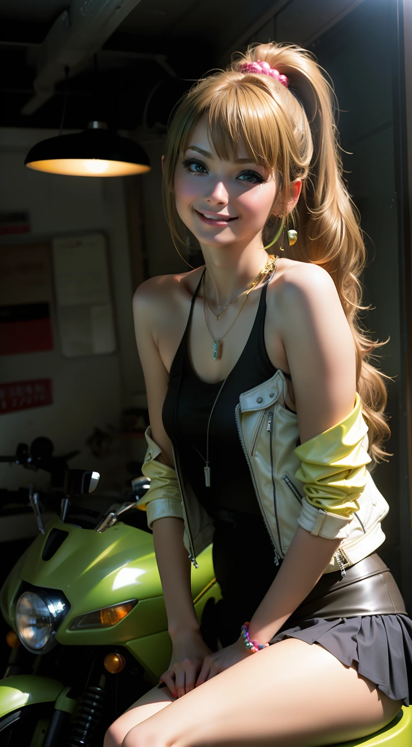 1girl in、Delicate and beautiful facial features、light make-up、Exquisite jewelry and necklaces、Delicate technology leather jacket with short upper body、Ultra mini skirt in delicate technical leather at lower body、Sitting on a green high-tech bike、flaxen ponytail、With smiling eyes、bare shoulders​、Shows perfect curves and plump buttocks behind them、 Background Special Effects Neon、colourfull、colourfull、Highlight green motorcycle and girl、Top image quality、​masterpiece、hight resolution、Complex motorcycle details、Emphasis on the creation of future technologies、Facial features are clear and not blurred,、Normal human finger、