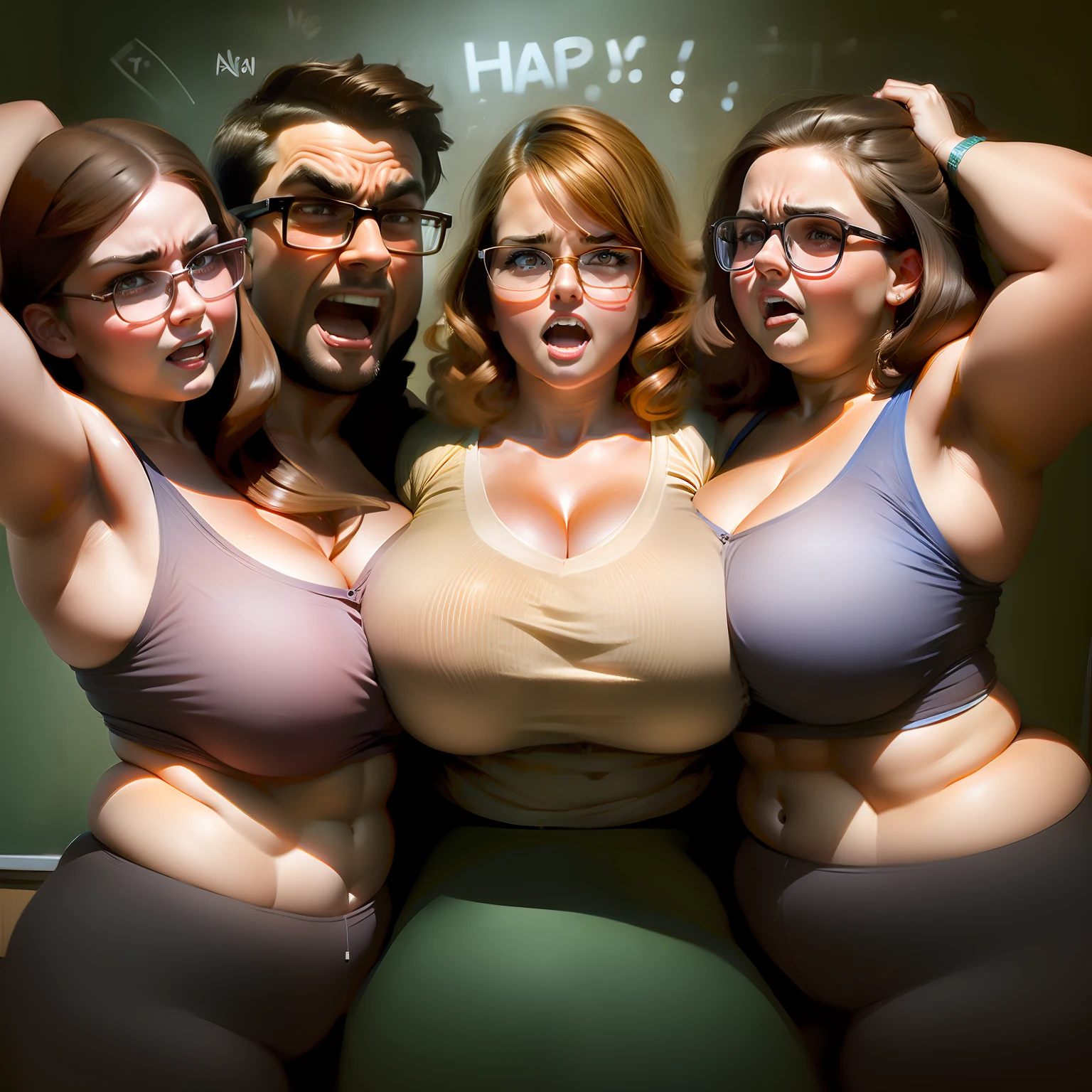 (((2heads))), 1 obese woman, 1 obese man,side by side,32 years old, blonde, brown hair, thick rimmed glasses, classroom background, armpits showing, angry expression, happy expression
