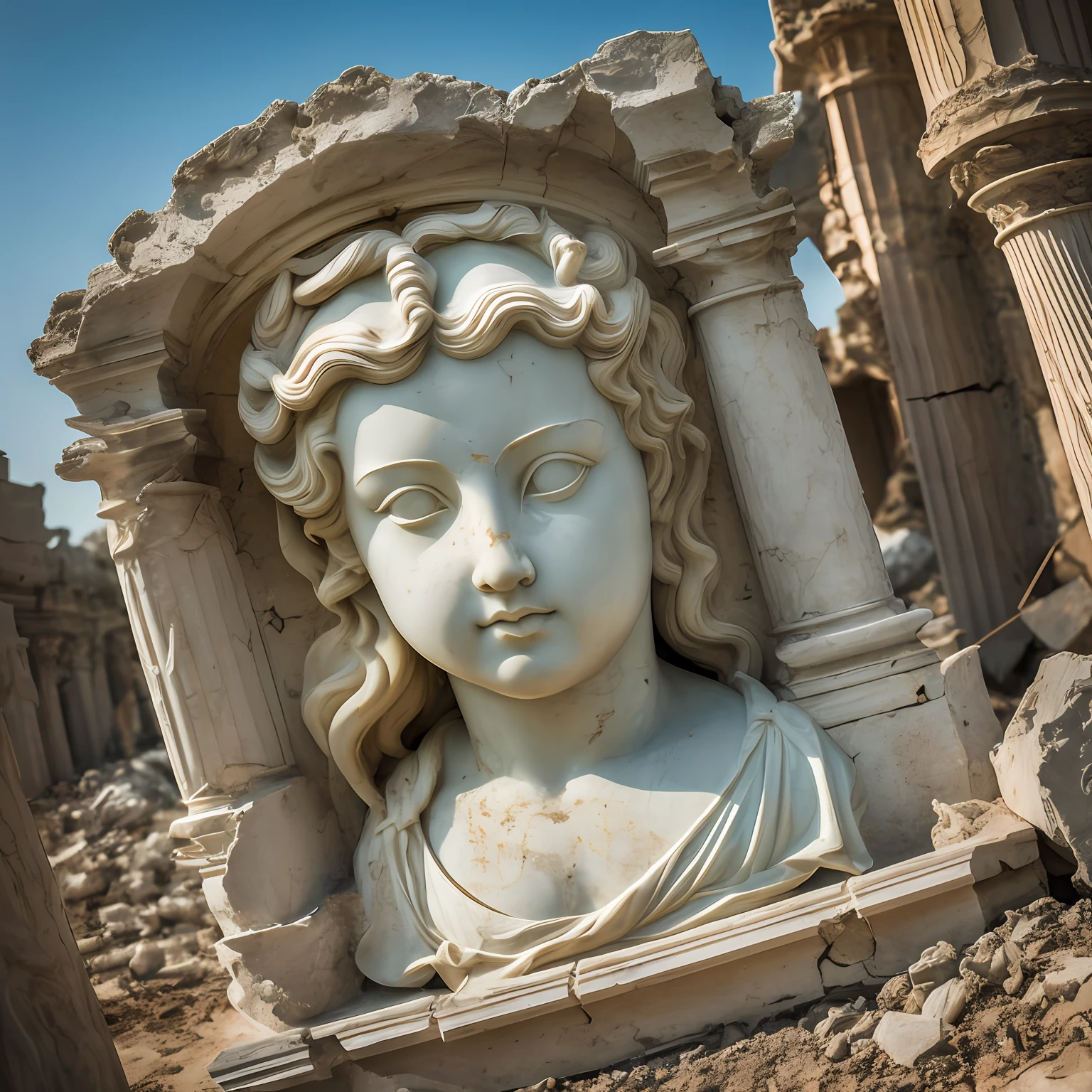 Scultpture marble portrait of a cupid in a destroyed place, with arch and heart closures, cinematografia, epic light and shadow, muito contraste, fotografia profissional