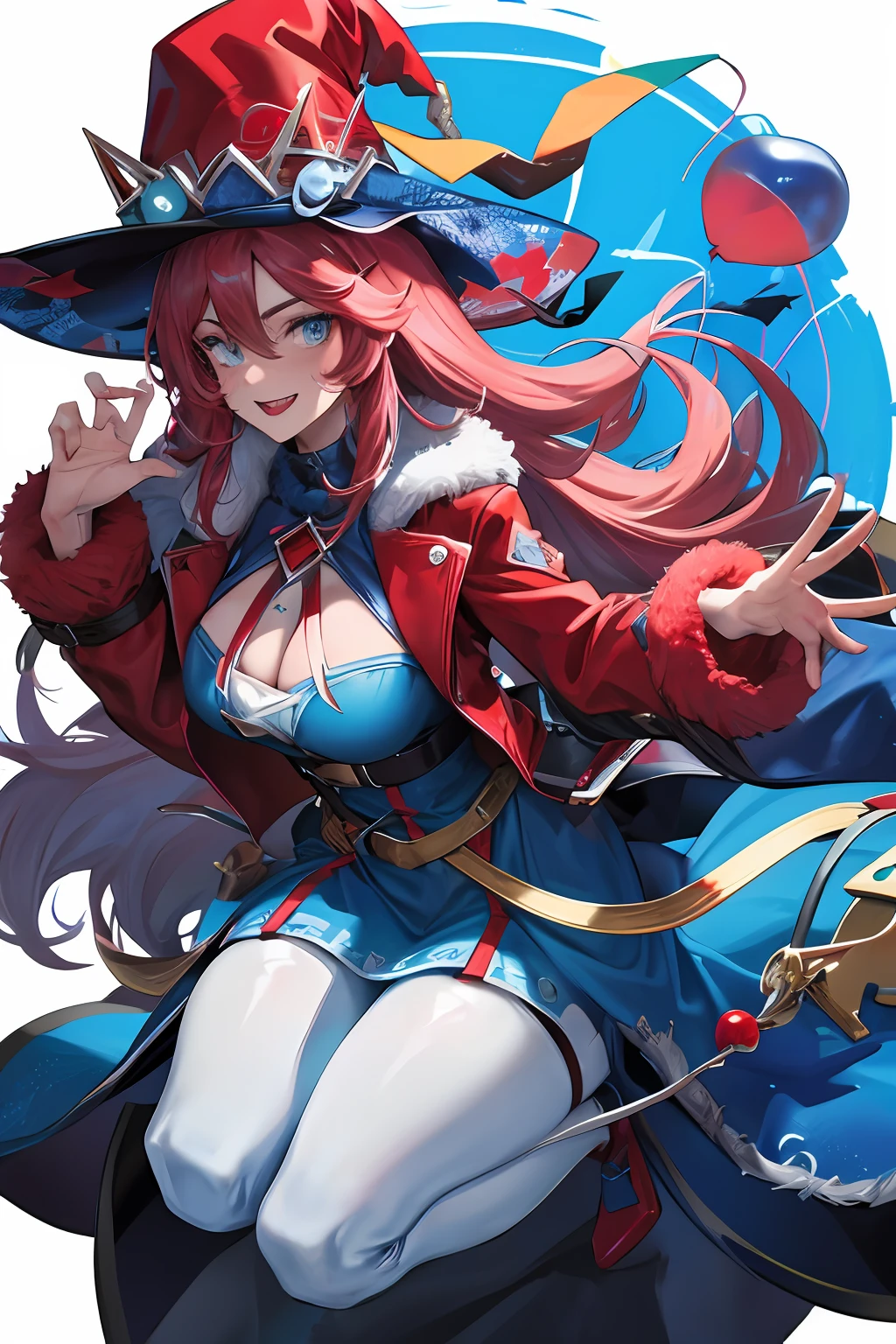 Werewolves with colorful hats,All around is blue and red lightning,There are also colorful balloons around,The figure can be seen as a she-wolf