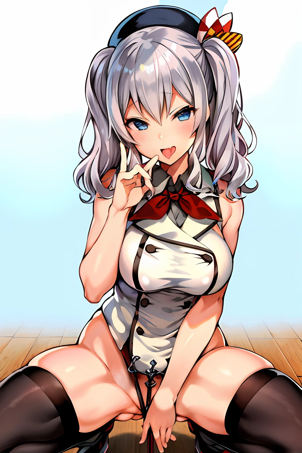 1girl in、独奏、​masterpiece、top-quality、Kashima OG、kashima\(kancolle\)、white  hair、blue eyess、hair wavy、Twin-tailed、tsurime eyes、beret、A smile、embarrassed from、red blush、Colossal tits、Black enamel、Bondage、highleg、Black enamel、thigh high boots、Squat on the floor、Open your crotch wide from side to side、Opening legs、Show your crotch to the camera、stares at the camera、Wooden corridor、((Open your mouth wide))、((With a transparent rod like male genitalia:1.2))、((Stick out your tongue and lick a transparent rod like male genitalia:1.2))、