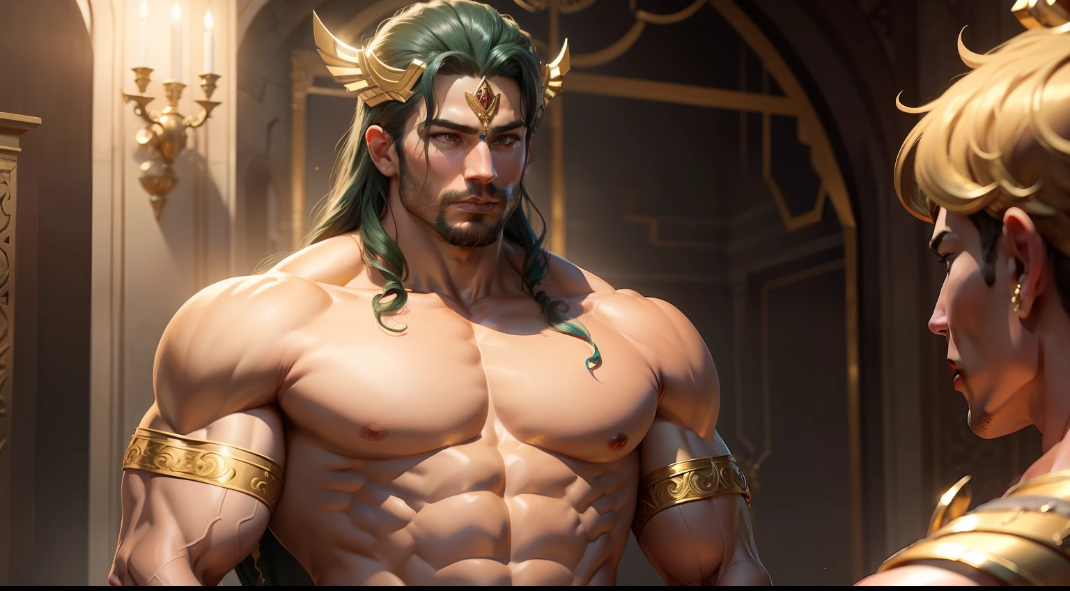 A god boy, with muscular body, talking to a god wearing golden ornaments.