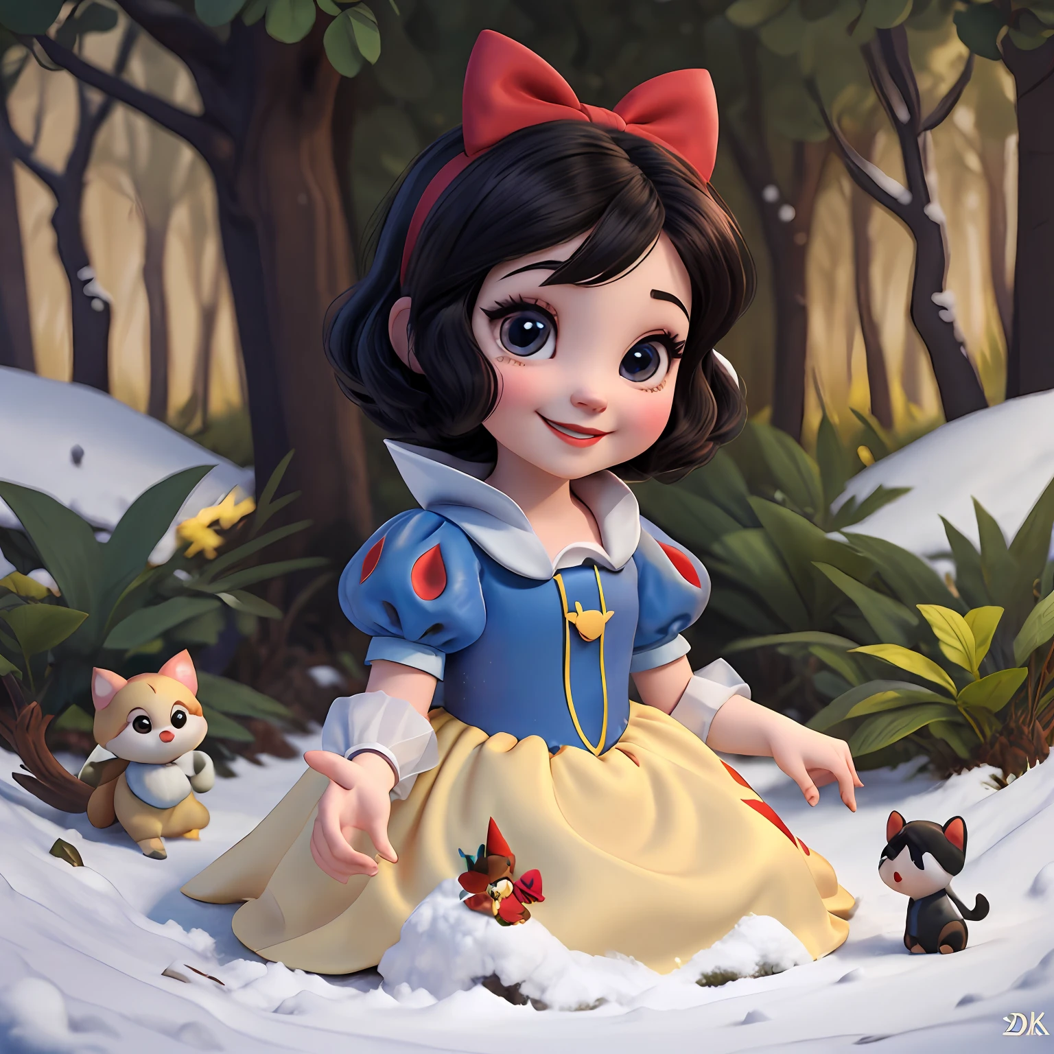 Snow White in her chibi  version, in an enchanted environment with a forest full of colorful trees and cute animals around you. She is wearing a blue dress with a red bow in her hair, e seu rosto expressa uma alegria inocente e doce. Seu sorriso brilhante ilumina a pintura, enquanto os animais da floresta brincam ao seu lado.
The strokes of the painting are soft and delicate, capturing the essence of Snow White's babybi. The colors are vibrant and vivid, highlighting the magical and enchanting atmosphere of the setting. The animals around Snow White are also depicted in the chibi baby stywith big eyes and charming expressions.
Be inspired by the sweetness and innocence of Snow White to create a painting that conveys joy and charm, Capturing all the cuteness of the Chibi Baby versionthis beloved character. (........3d: 1.5) (8k: 1.5)