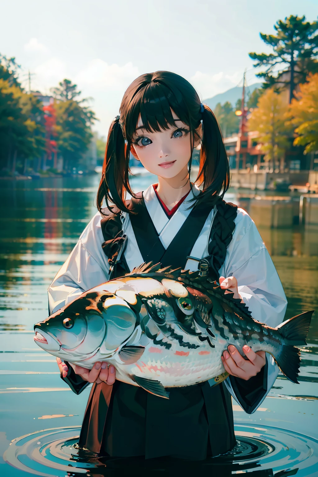 (((catching big black bass))),((Best quality, 8k, Masterpiece :1.3)),(25years old japanese girl)black hair, hair bobbles, wince, longeyelashes, solid circle eyes, light smile,Surrealism, drop shadow, anaglyph, stereogram, tachi-e, pov, atmospheric perspective, 8k, super detail, ccurate, best quality,