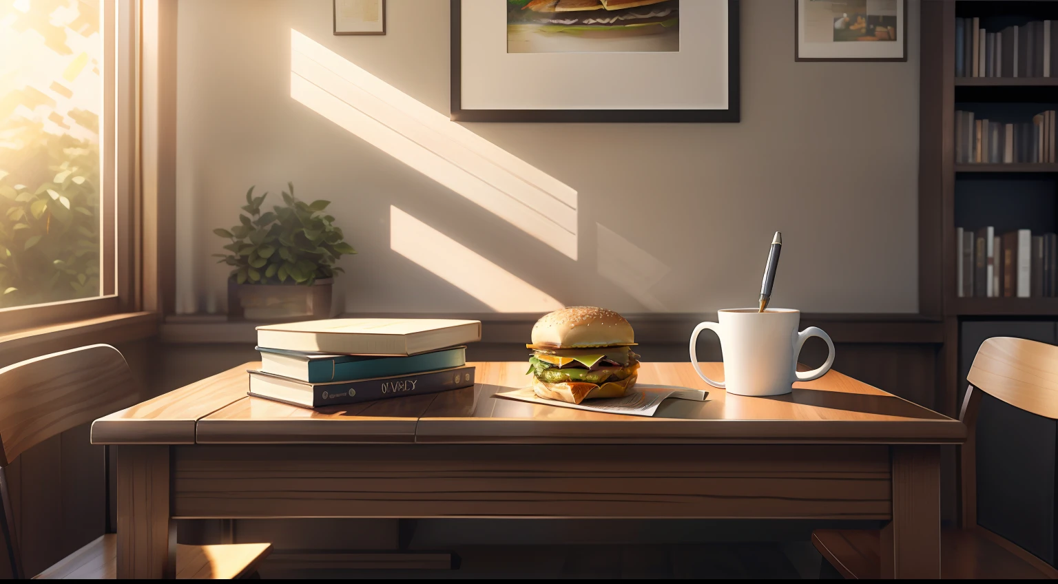 Upper right corner under sunlight，Wooden table by the window，On the table are stacked books、Large sunglasses、coffee mug、orange juice、Leftover burgers、Happy potato chips、Cute handbook and cute pen。high definition detail，photorealestic，Oil painting texture，the soft light。 --v6