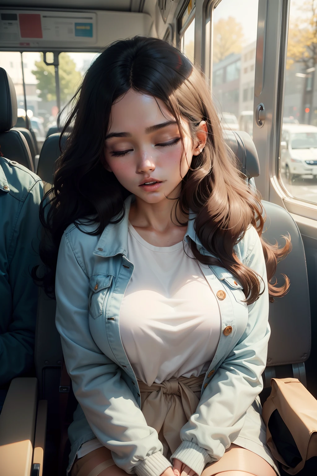 1 beautiful woman, large body, wavy hair, shoulder length hair, young, eyes closed, eyelids made up, LIGHT BLUE SHIRT, WHITE JACKET OVER THE SHIRT, HANDS CROSSED. BROWN BAG, asleep, black hair, asleep sitting on BUS, HEAD LAYING ON SEAT, MOUTH WIDE OPEN, MOUTH OPEN, HEAD LOOKING UP