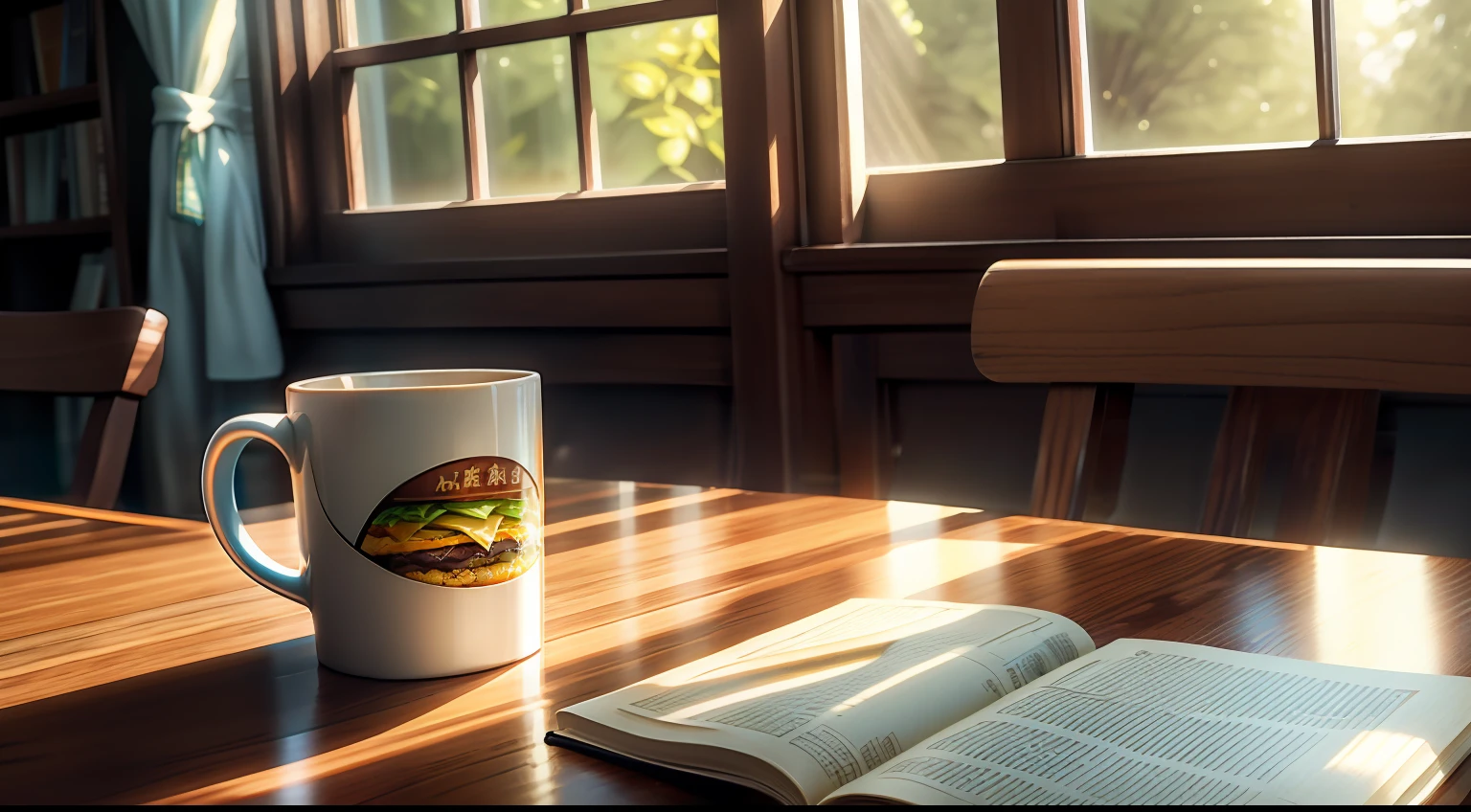 Upper right corner under sunlight，Wooden table by the window，On the table are stacked books、Large sunglasses、coffee mug、orange juice、Leftover burgers、Happy potato chips、Cute handbook and cute pen。high definition detail，photorealestic，Oil painting texture，the soft light。 --v6