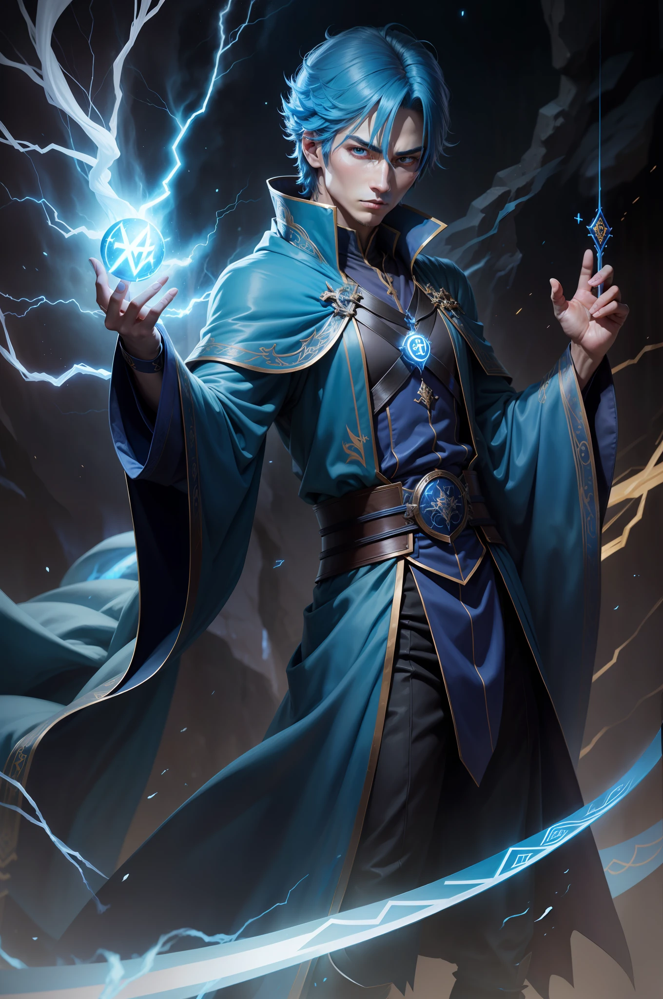 Male magician。Thunder,Eyes glow。magic rune。battlefiled。irate,hoary,Magic Hat,Gorgeous blue magic robes。Raise the hand of the Thunder Staff