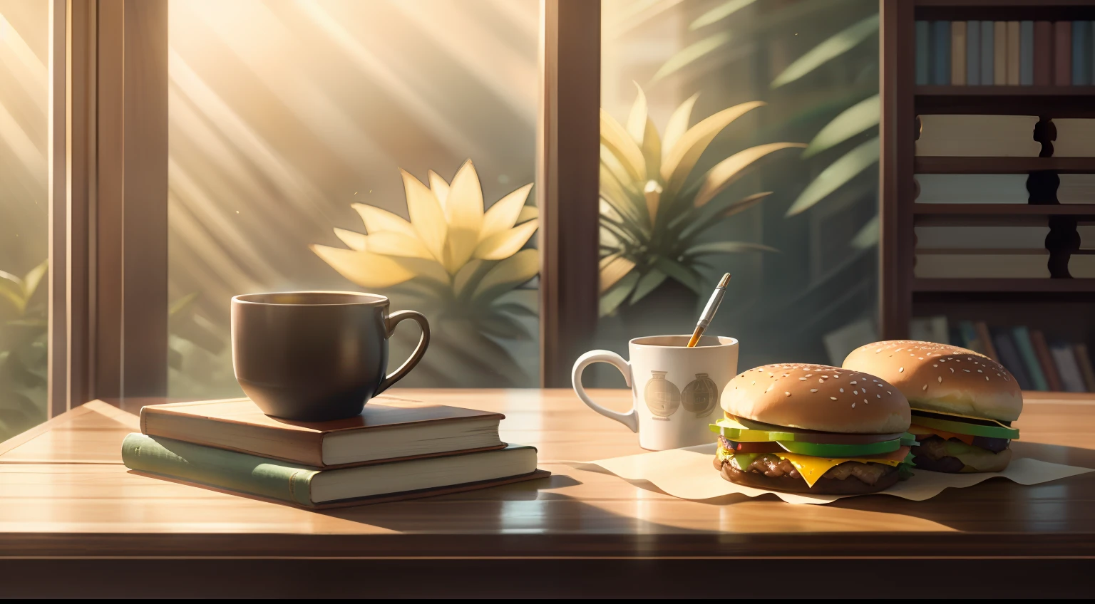 Upper right corner under sunlight，Wooden table by the window，On the table are stacked books、Large sunglasses、coffee mug、orange juice、Leftover burgers、Happy potato chips、Cute handbook and cute pen。high definition detail，photorealestic，Oil painting texture，the soft light。 --v6