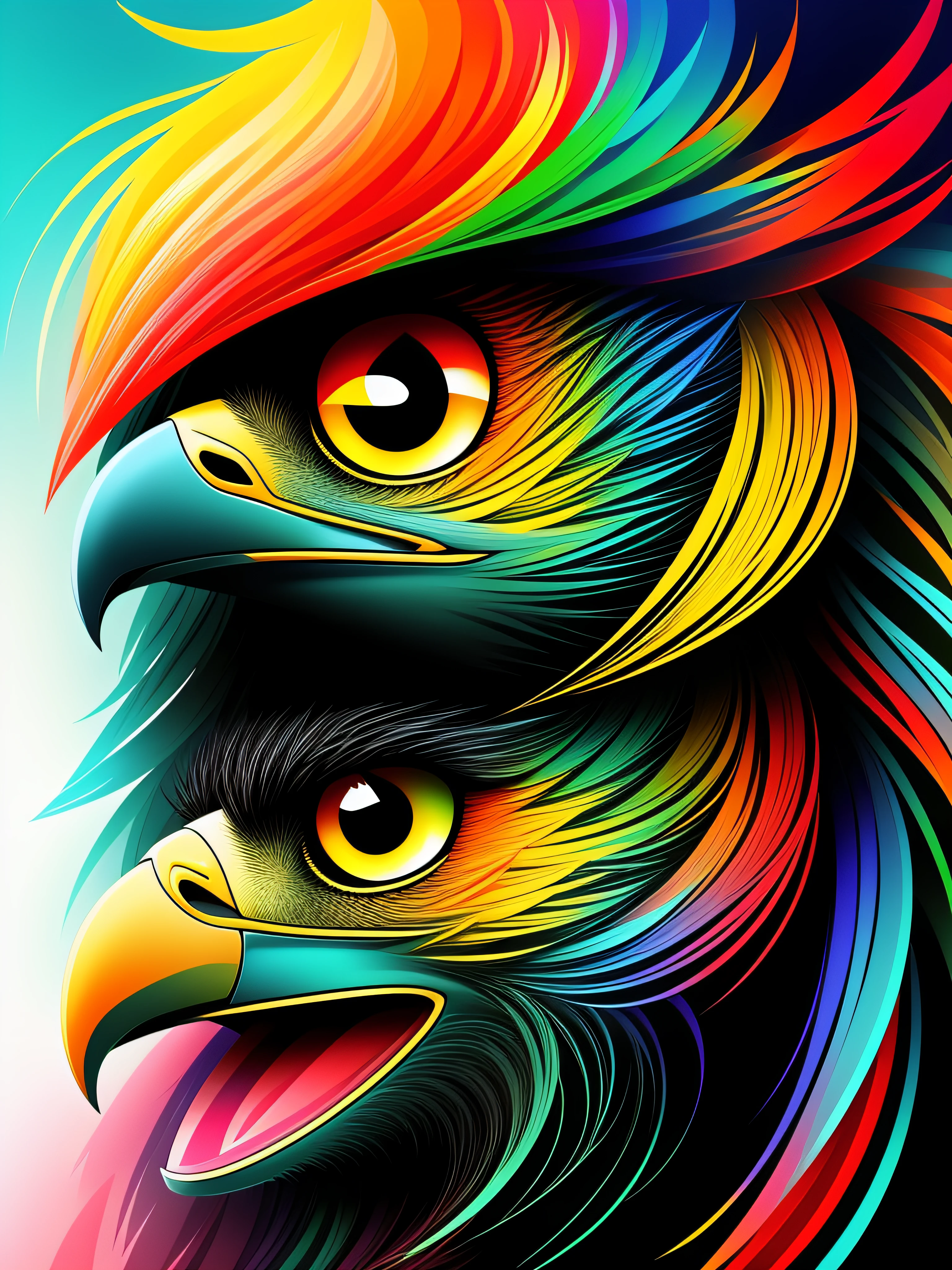brightly colored eagle head with bright yellow eyes and a black background, Arte bonita UHD 4K, Eagle Head, Arte digital detalhada em 4k, Arte digital altamente detalhada em 4k, cores realistas vibrantes, pintura detalhada 4K, arte digital altamente detalhada, arte vetorial altamente detalhada, arte digital altamente detalhada, pintura digital vibrante, cores altamente detalhadas, cores realistas detalhadas