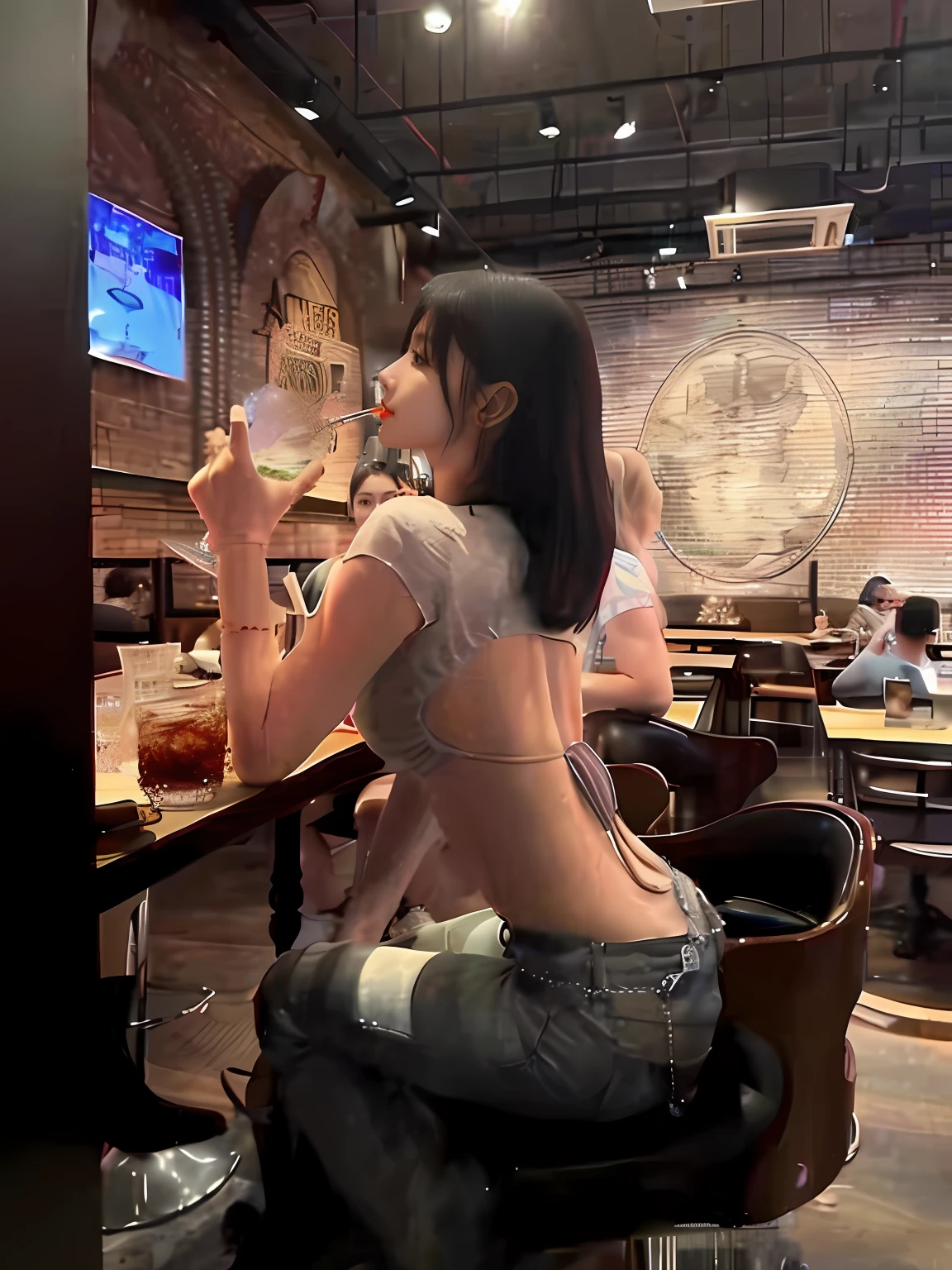 There was a woman sitting in the bar，Holding a bottle of beer in his hand, sitting at the bar, in a pub, character is in her natural pose, sitting at bar, drinking at the bar, Her navel was exposed, Casual pose, at a bar, photo of slim girl, gorgeous chinese models, Clothing that exposes, drinking beer, Sexy pose，Black color hair，denim pant，A beautiful face，HD fix，Environmental remediation，4K，Real hair quality，Pointed chin