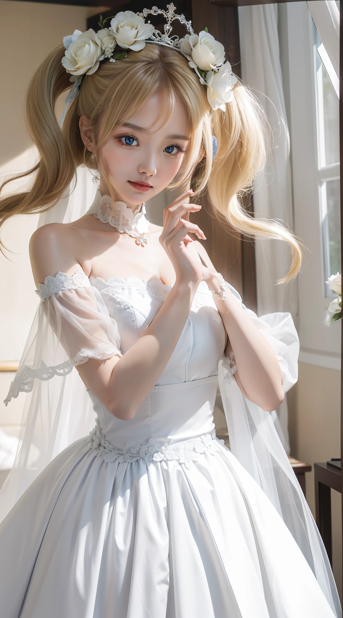 Best quality at best，超高分辨率，（真实感：1.4），（beuaty girl：1.4），Detailed facial details，Beautiful detailed eyes，coiffed blonde hair，light blue  eyes，Slim，Wearing a white and blue wedding dress，White wedding headscarf，haunting smile，Behind it is a cluster of white roses，chapel windows，Very meticulous clothes，Young and cute Korean face，with a round face，heart - shaped face，barbara（Genshin Impact），plain face，Real hands，anatomy correct