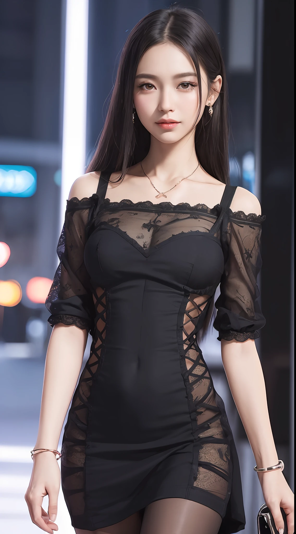 8k, masterpiece, RAW photo, best quality, detail:1.2),photorealistic, extremely detailed CG unity 8k wallpaper, Depth of field, Cinematic Light, Lens Flare, Ray tracing, (extremely beautiful face, beautiful lips, beautiful eyes), intricate detail face, ((ultra detailed skin)) 1girl, in the dark, deep shadow, pretty korean girl, kpop idol,(very slim slender fit-muscled body:1.3), ((looking at viewer)),(big smile), (tight midi dress),(hot pink dress), (shot sleeve) , (city night, (neon sign), (night), pretty korean girl, carrying a hermes bag, white diamond earrings, dia bracelets, dia necklace, pantyhose, clear eyes, walking , front shot, (pale skin), face forward, (big eyes), ((upper body shot)), ((Laced )),((black color dress:1.3))