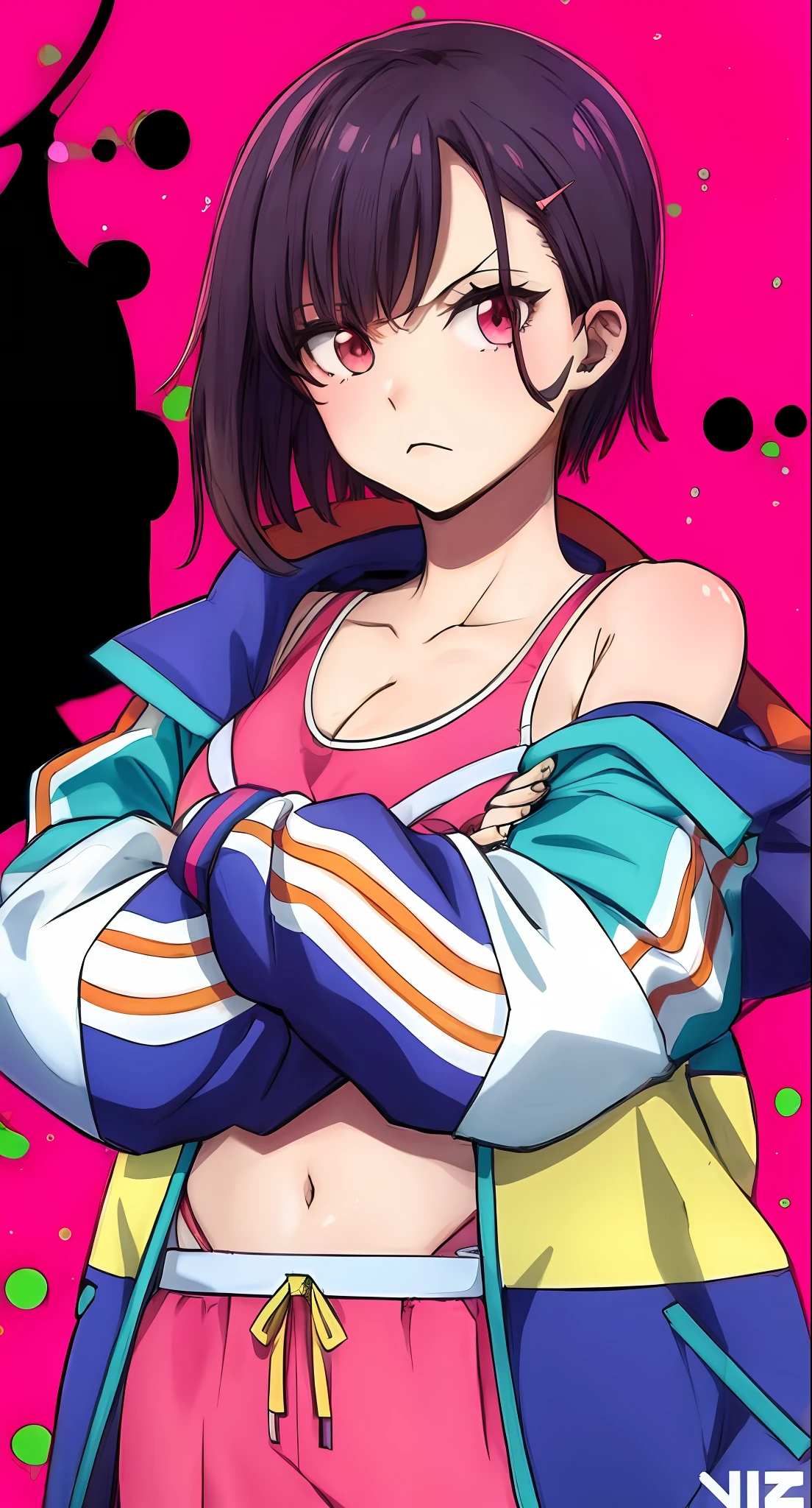a woman in a colorful outfit standing with her arms crossed, melhor qualidade, moe artstyle, Chiaki Nanami, Danganronpa, arte oficial, Arte Oficial, visual anime de uma menina bonito, capa de anime, por Shinoda Shop, Gapmoe Yander, Hanayamata, hiper colorido, personagem estilo anime, menina raver, 8 0 s estilo anime
