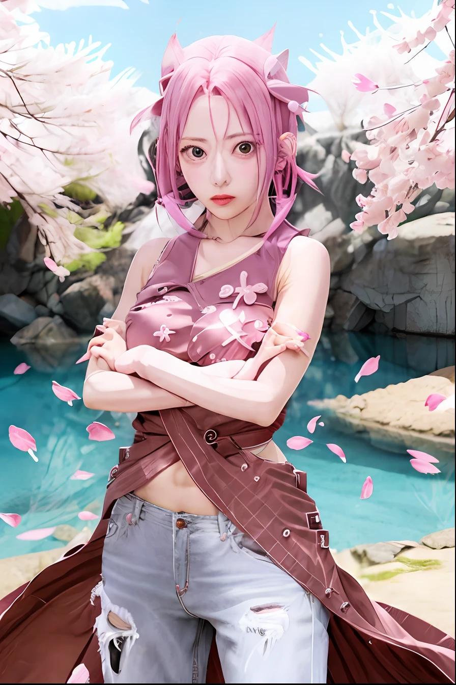 anime girl with pink hair and a red cape standing in front of a lake, sakura haruno, haruno sakura, sakura haruno in slug sage mode, sakura kinomoto, sakura petals around her, sakura season, lush sakura, anime style character, anime woman, from naruto, sakura bloomimg, female anime character, anime character, beautiful anime woman, anime girl, hot girl, big tits