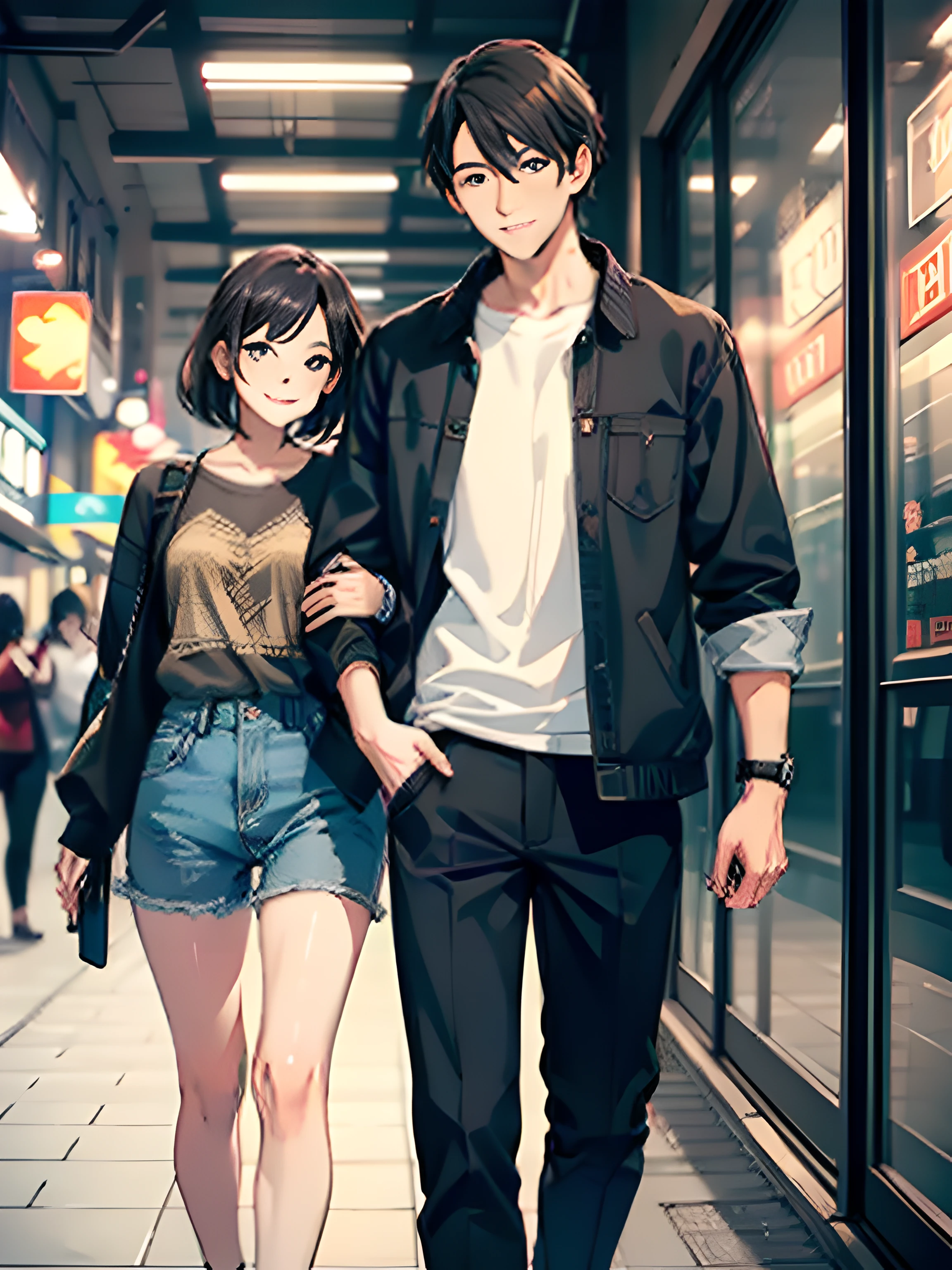 masterpiece, best quality, 2others, couple, 1man with 1woman, mature, adult, Height difference, different fashion, different color, finely detailed eyes and detailed face, intricate details, casual clothes, oversized shirt, modern urban street, holding hands, smile, happy, love